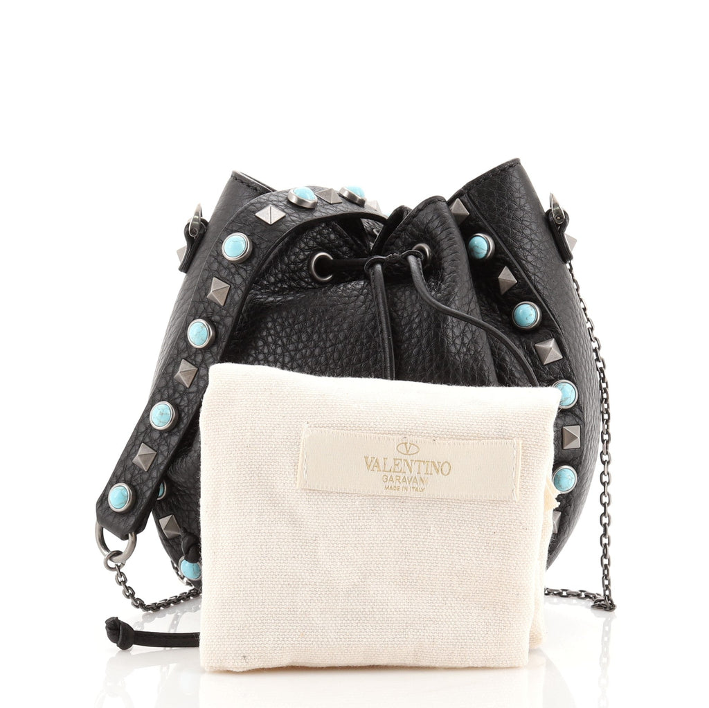 Rolling Rockstud Drawstring Bucket Bag Leather with Cabochons Mini