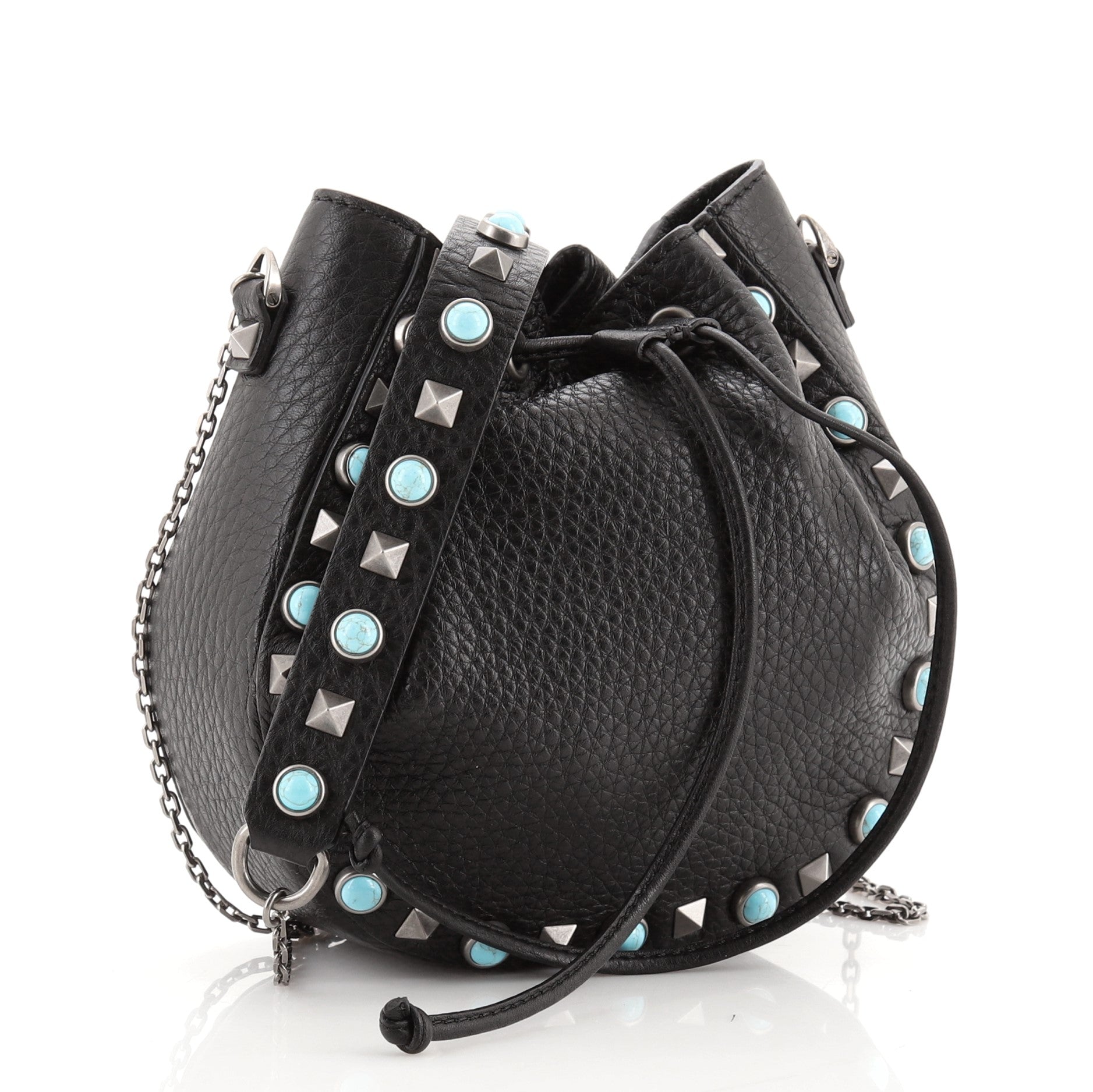 Rolling Rockstud Drawstring Bucket Bag Leather with Cabochons Mini
