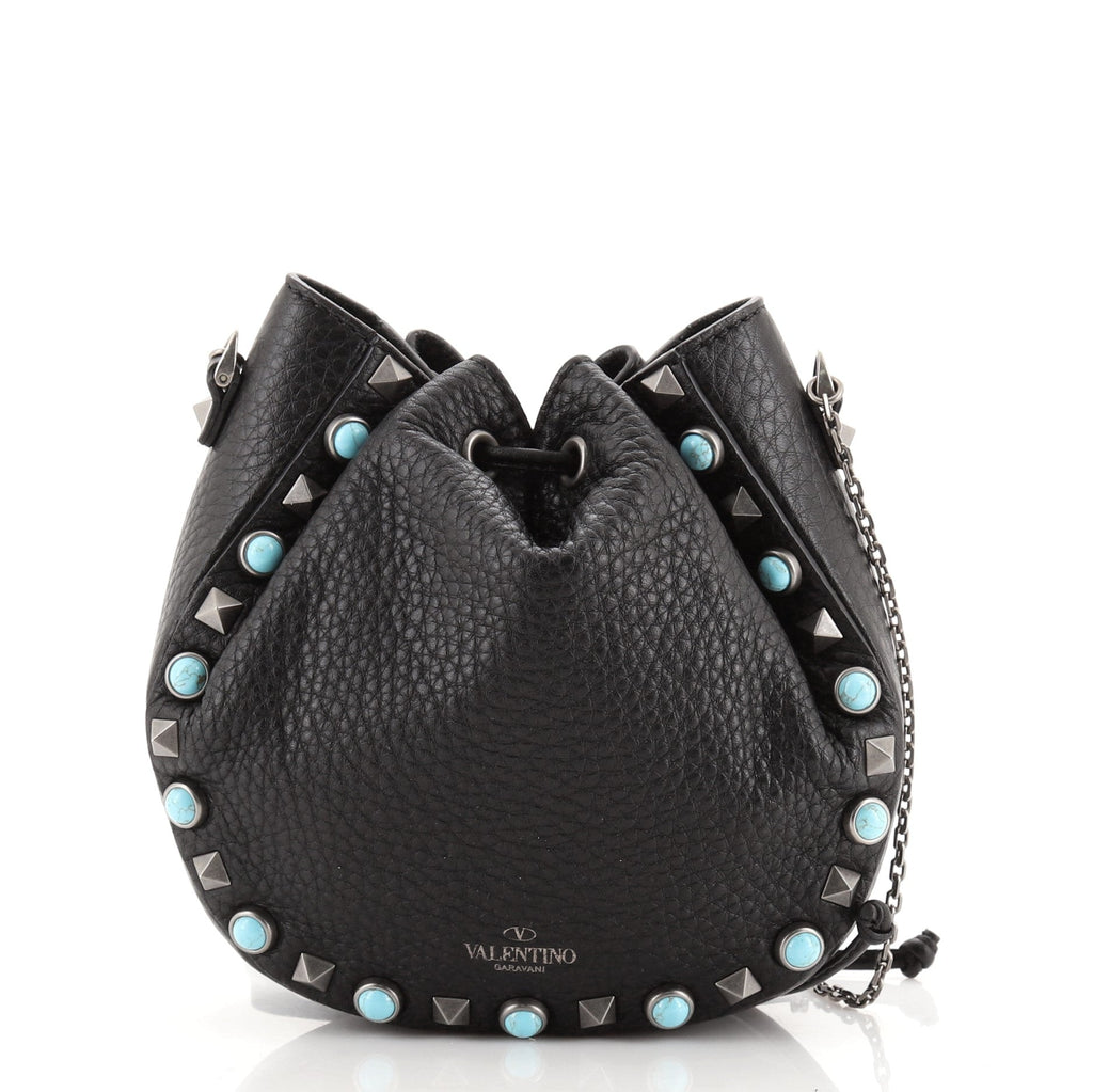 Rolling Rockstud Drawstring Bucket Bag Leather with Cabochons Mini