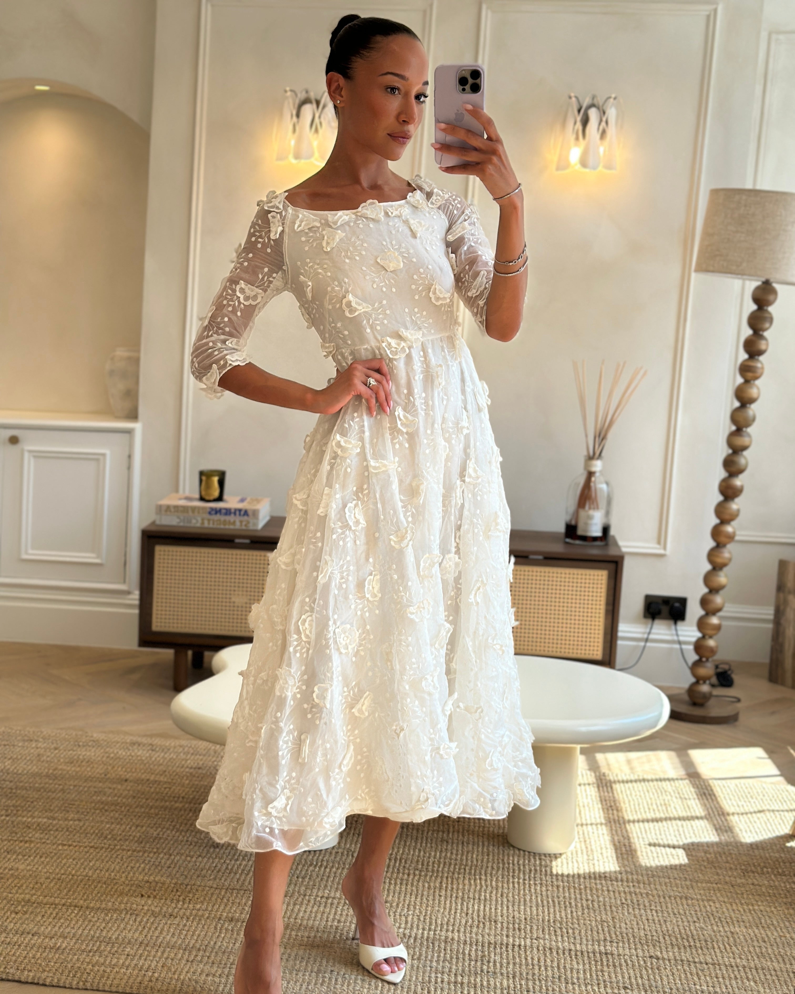 Christian Dior White Long Sleeve Maxi Dress with Floral Appliqué Detail Size FR 36 (UK 8)