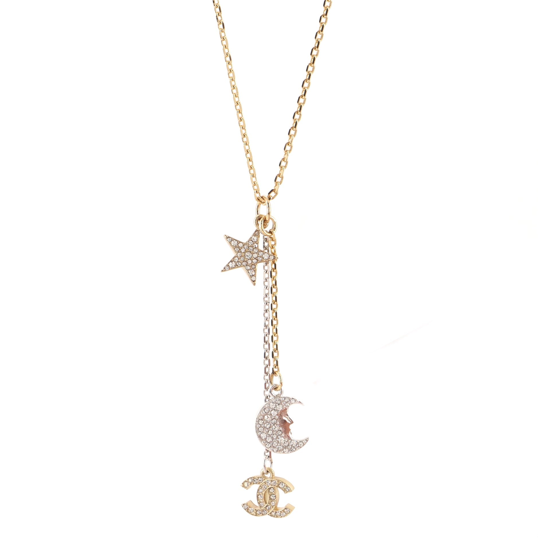 CC Moon Star Drop Necklace Metal with Crystals and Pearls