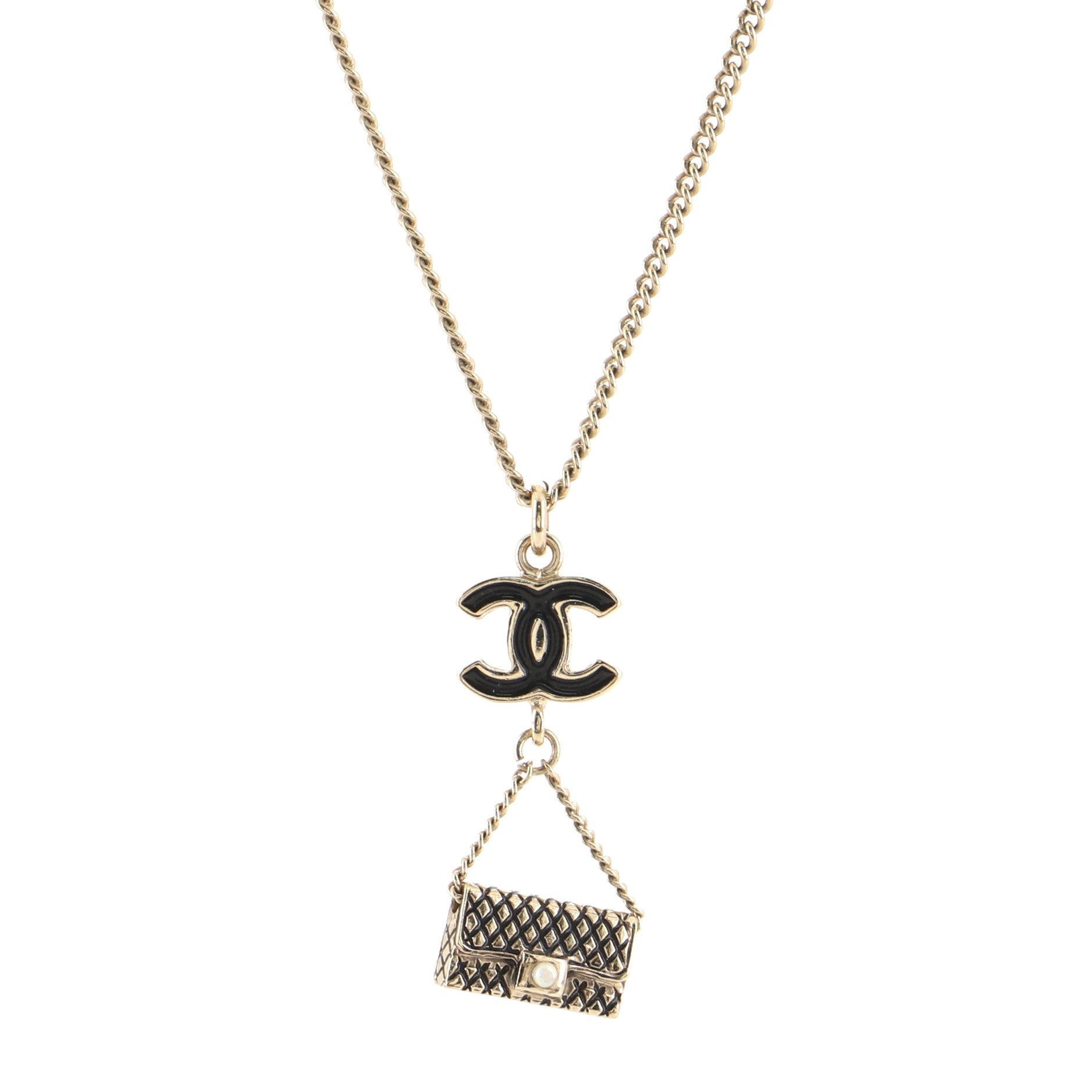 CC Flap Bag Pendant Long Necklace Metal and Enamel