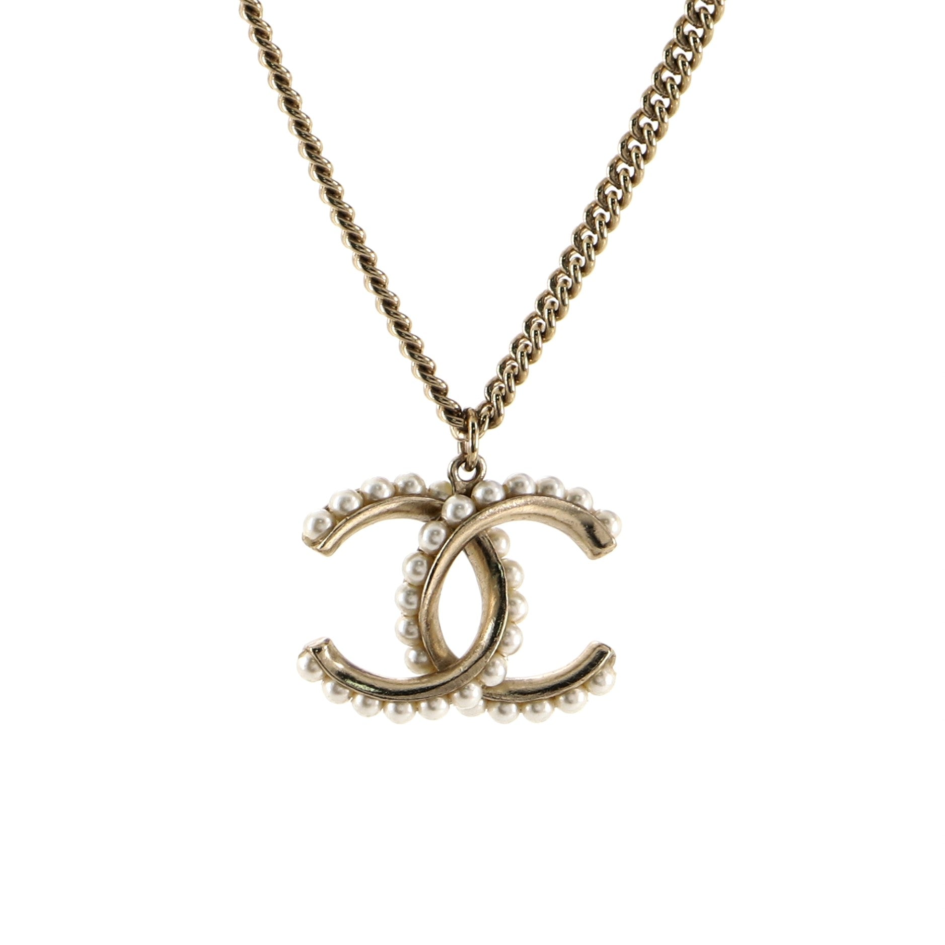 CC Pendant Necklace Metal with Enamel and Faux Pearl