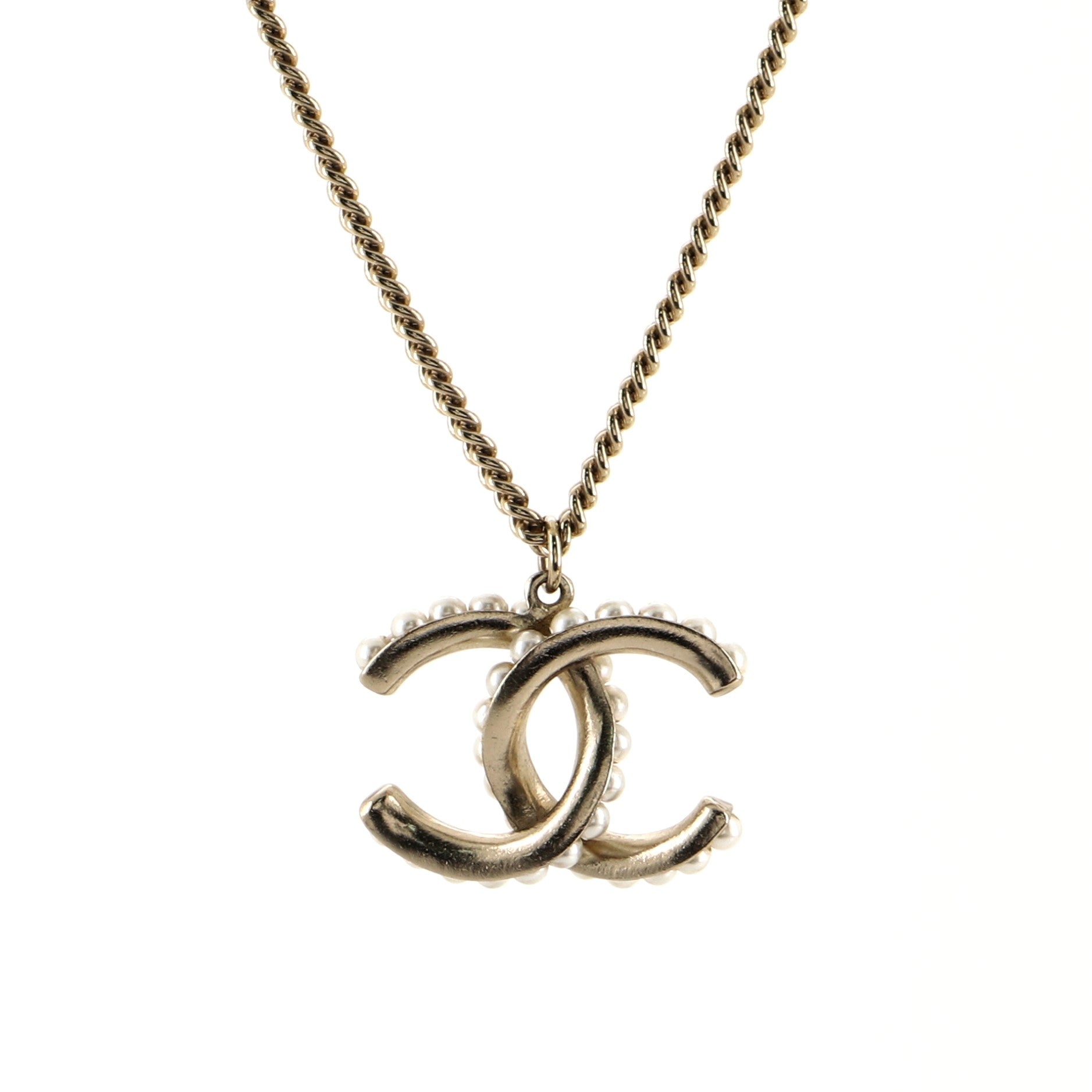CC Pendant Necklace Metal with Enamel and Faux Pearl