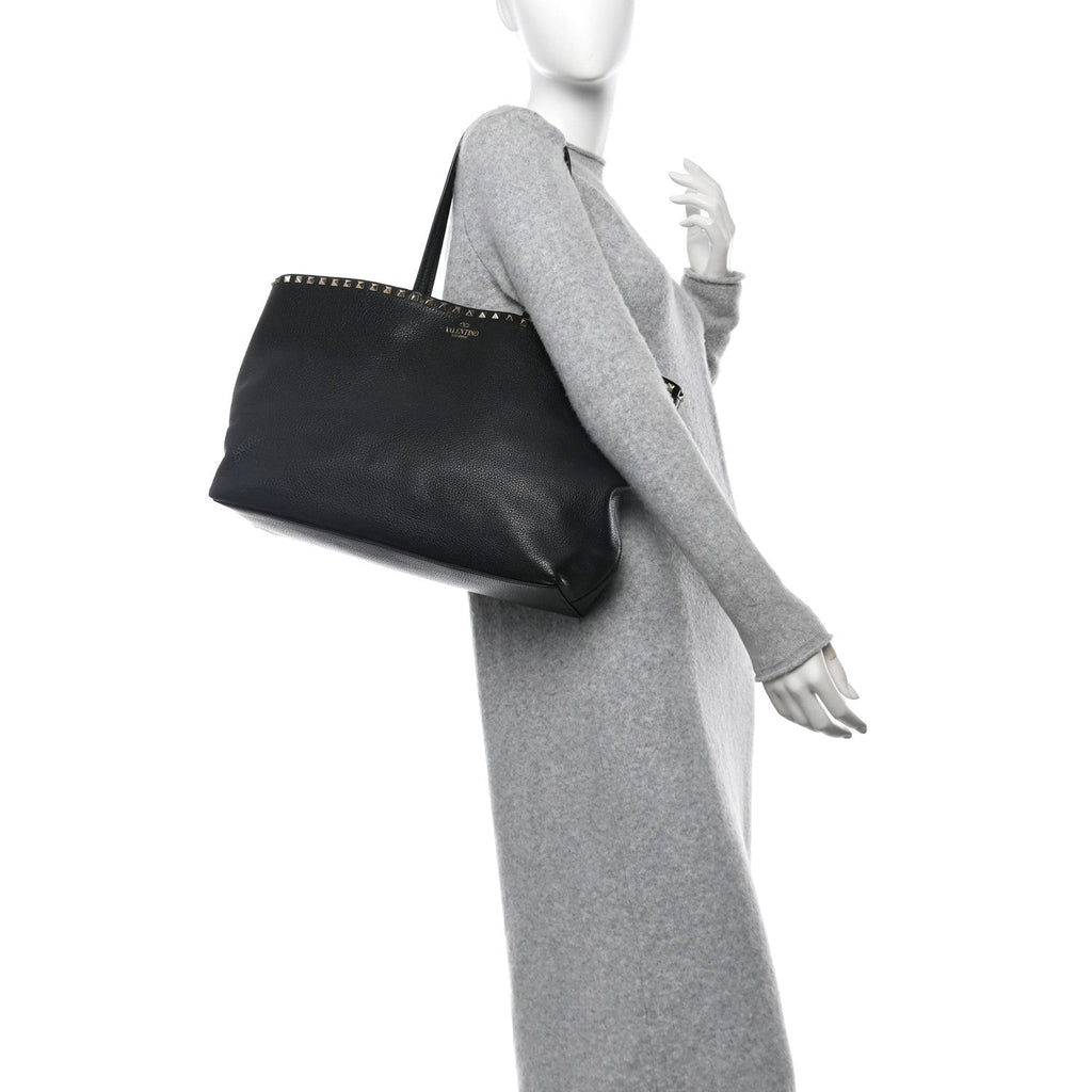 Grained Calfskin Rockstud Shoulder Tote Black