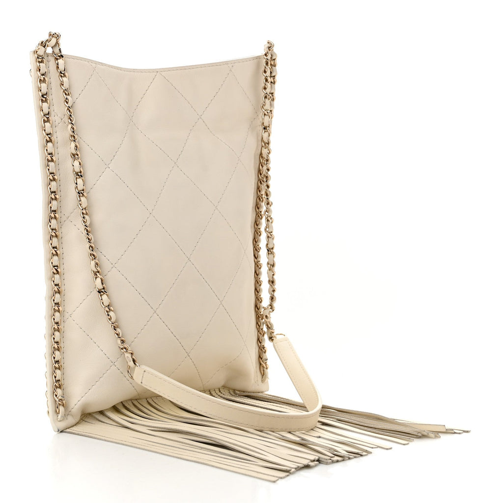 Calfskin Quilted Fringe Small Shopping Bag White