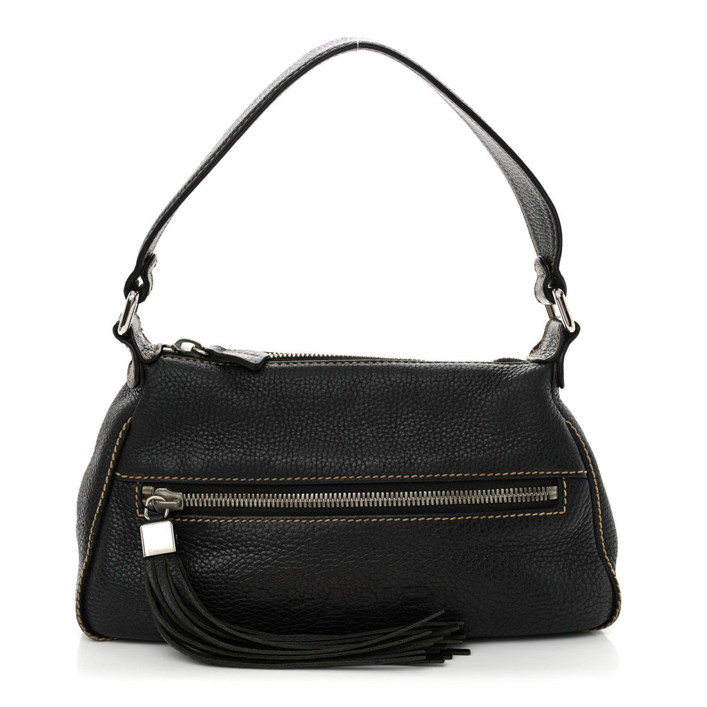 Grained Calfskin Tassel Shoulder Bag Black