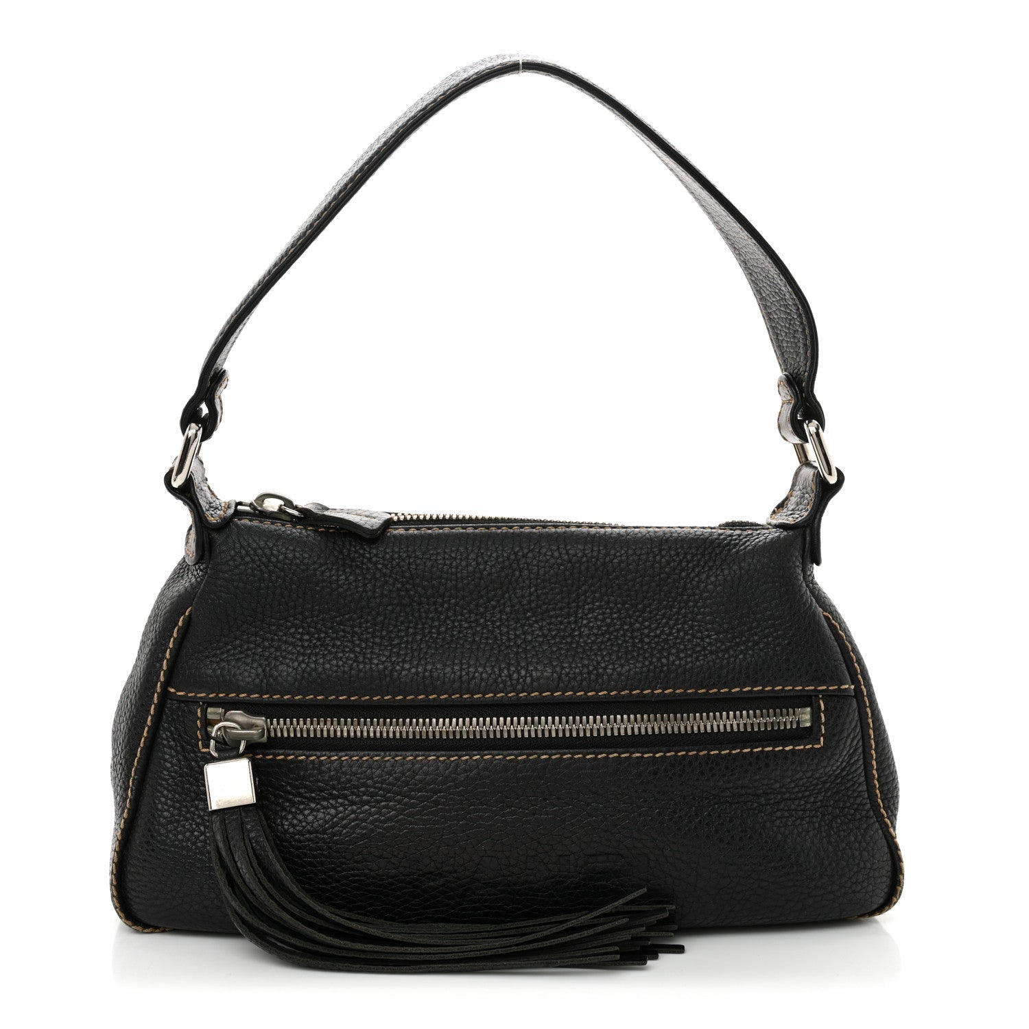 Grained Calfskin Tassel Shoulder Bag Black