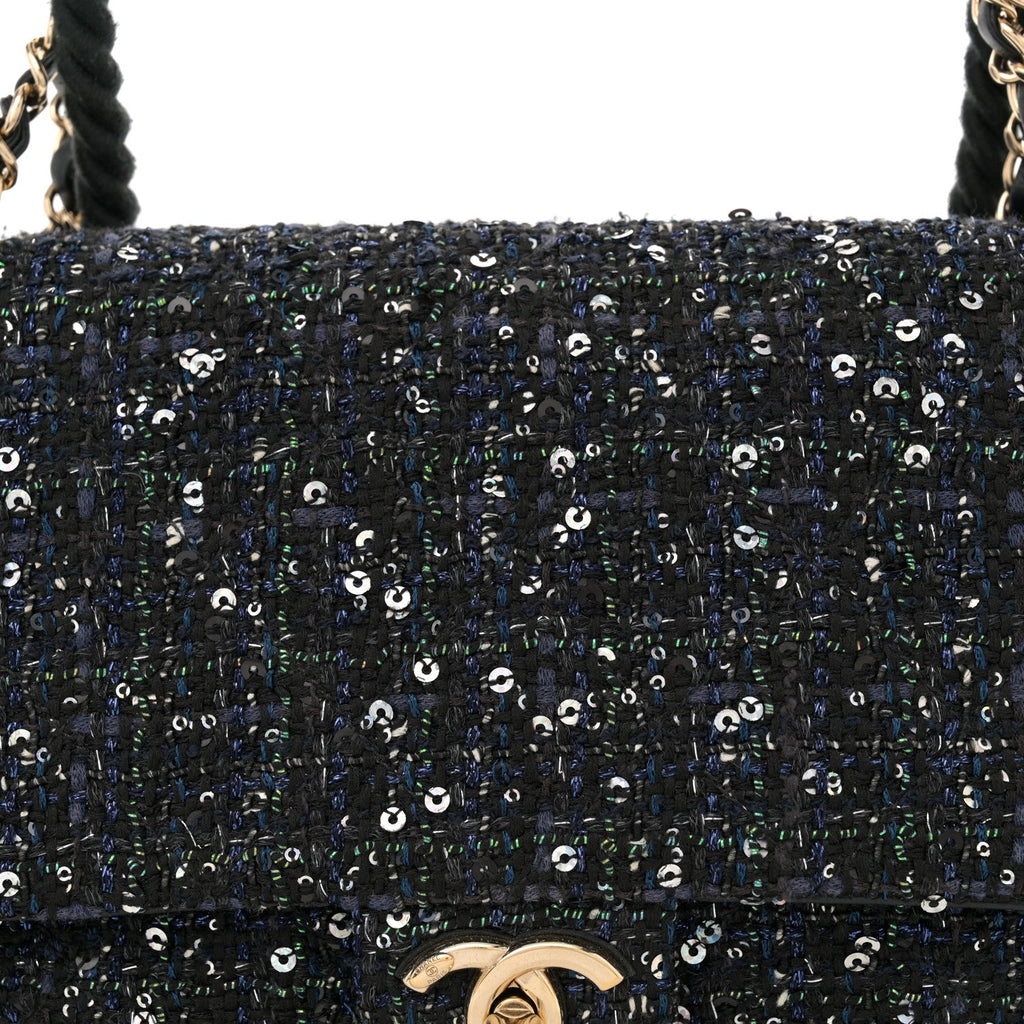 Tweed Medium Pearl Handle Flap Black Ecru