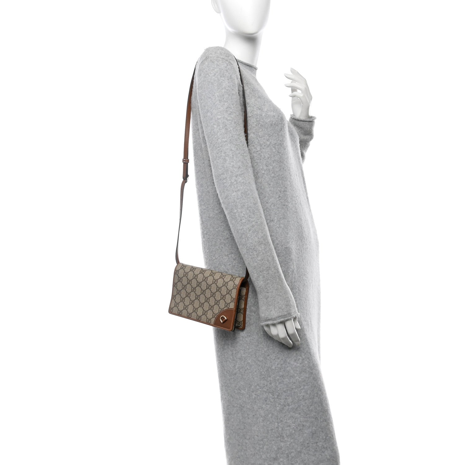 GG Supreme Monogram Textured Calfskin Emblem Super Mini Shoulder Bag Beige Dark Brown