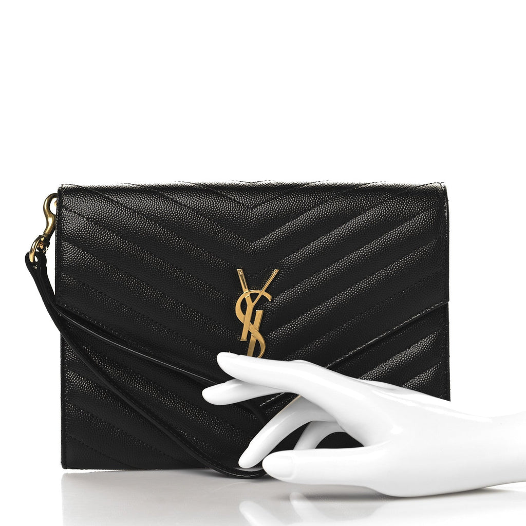 Grain De Poudre Matelasse Chevron Monogram Envelope Clutch Black