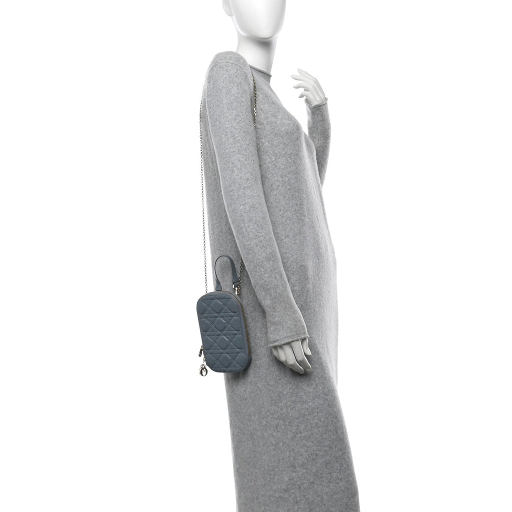 Lambskin Cannage Lady Dior Phone Holder Cloud Blue