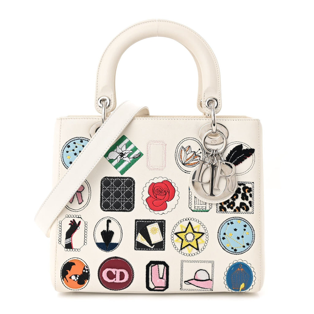 Calfskin Patch Embellished Medium Lady Dior White