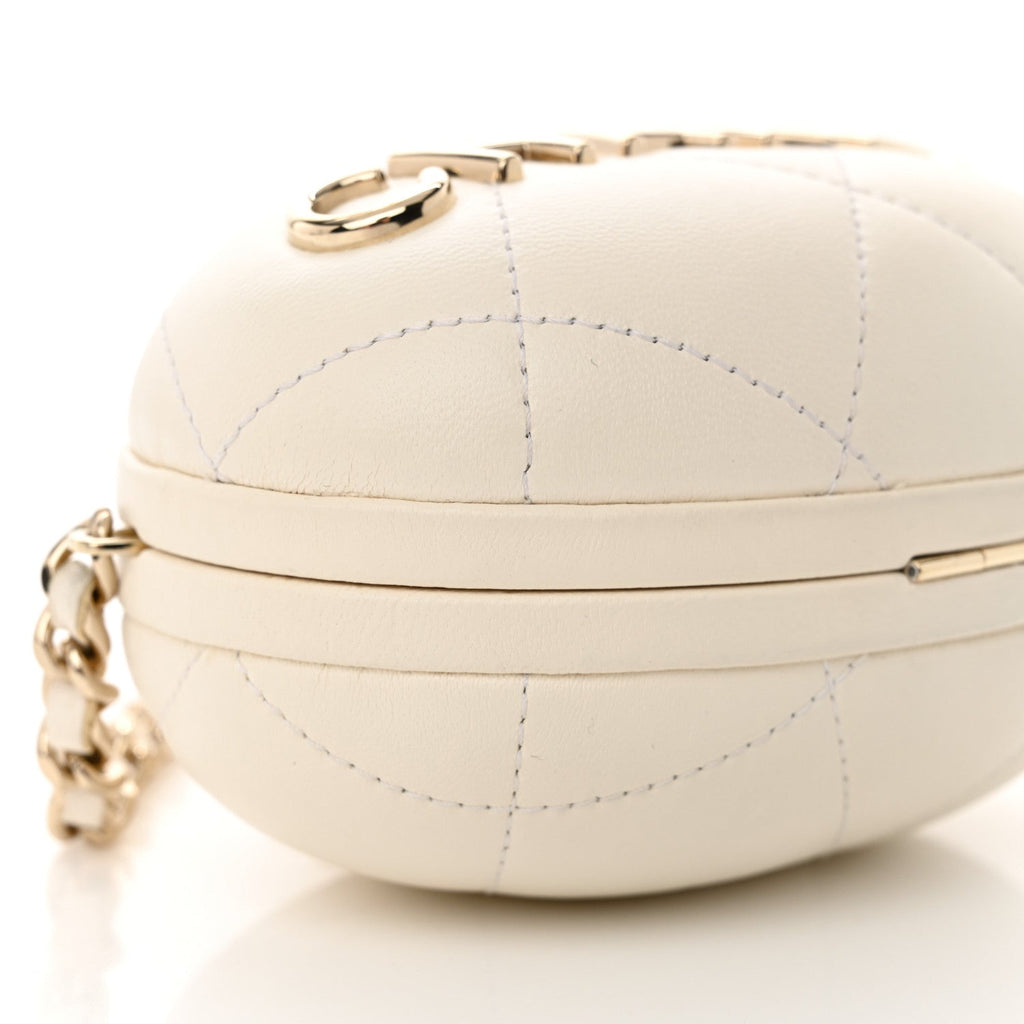 Lambskin Quilted Oval Minaudiere Chain Clutch White