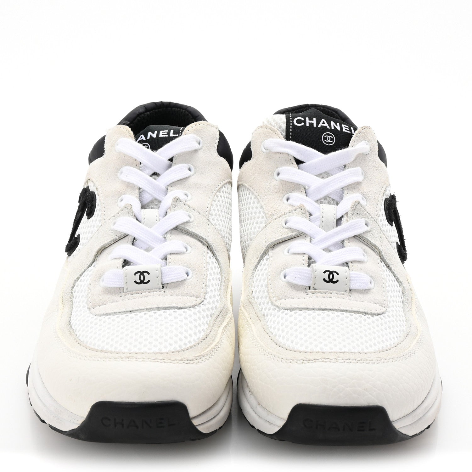 Mesh Suede Calfskin Grained Calfskin Womens CC Sneakers 40 White Black
