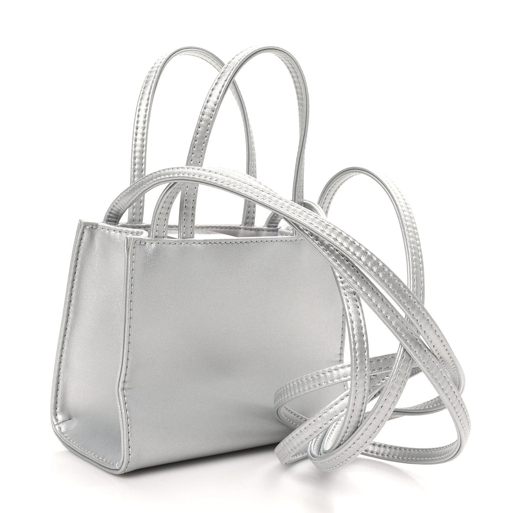 Metallic Vegan Leather Small Shopping Bag Silver