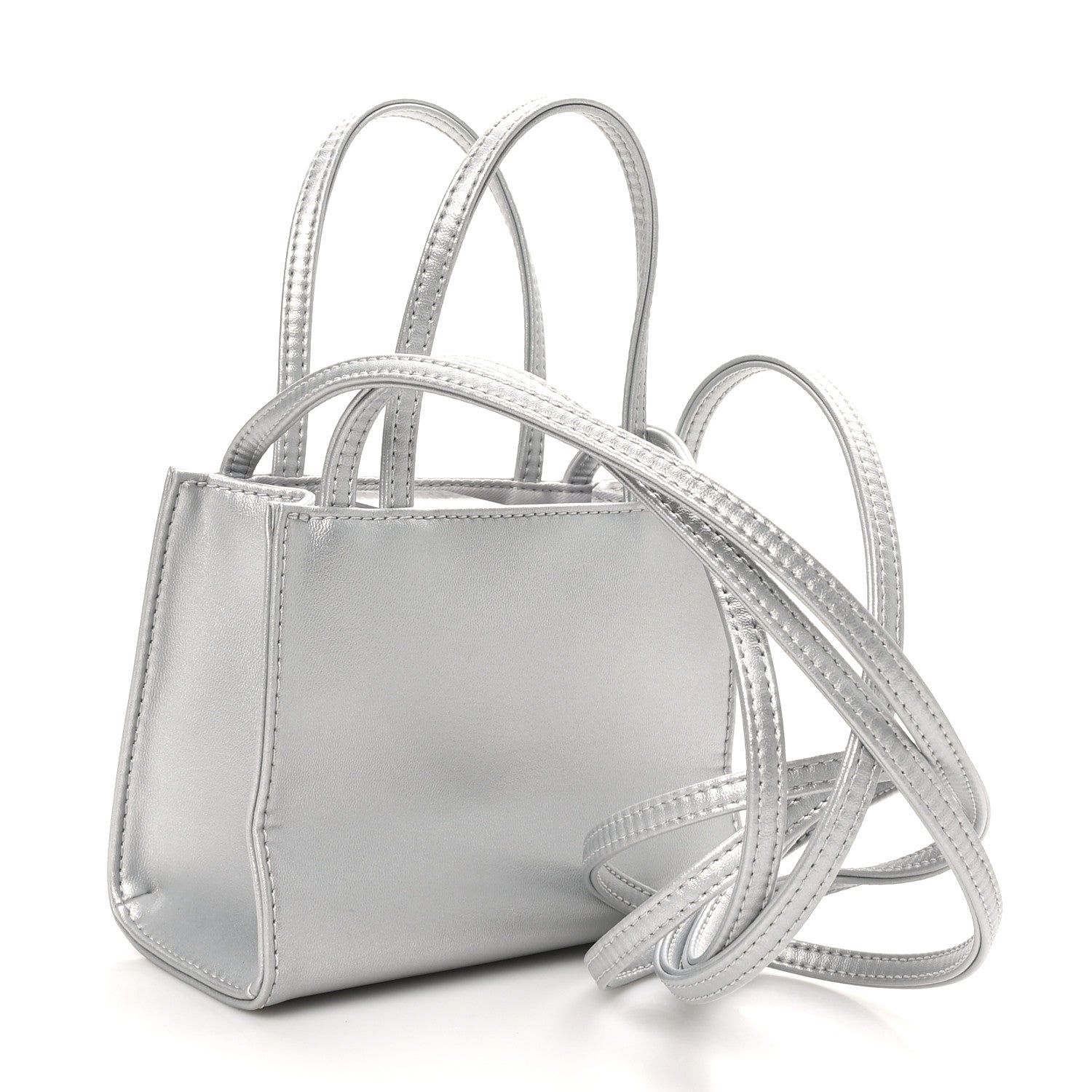 Metallic Vegan Leather Small Shopping Bag Silver