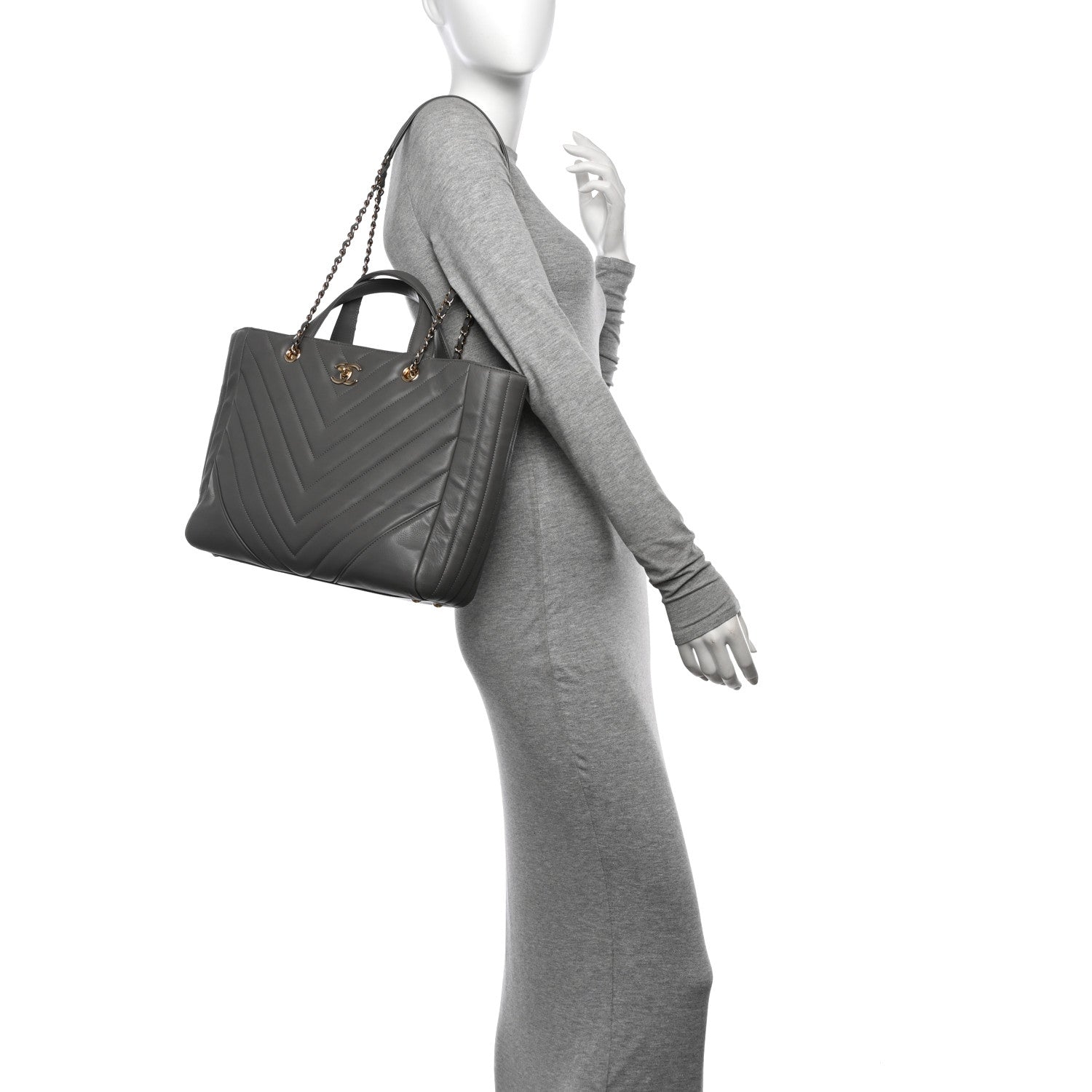 Calfskin Chevron Quilted Statement Shopping Tote Grey