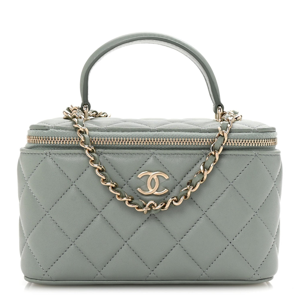 Lambskin Quilted Small Top Handle Vanity Case With Chain Light Blue