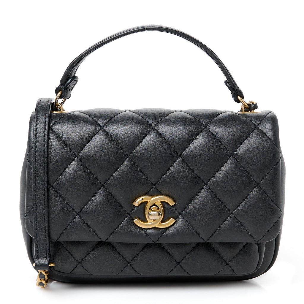 Calfskin Quilted Top Handle Flap Black