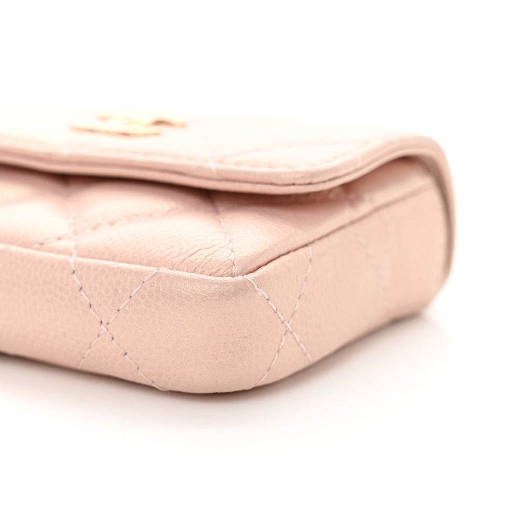 Iridescent Caviar Quilted Pearl On Top Coin Purse With Chain Light Pink
