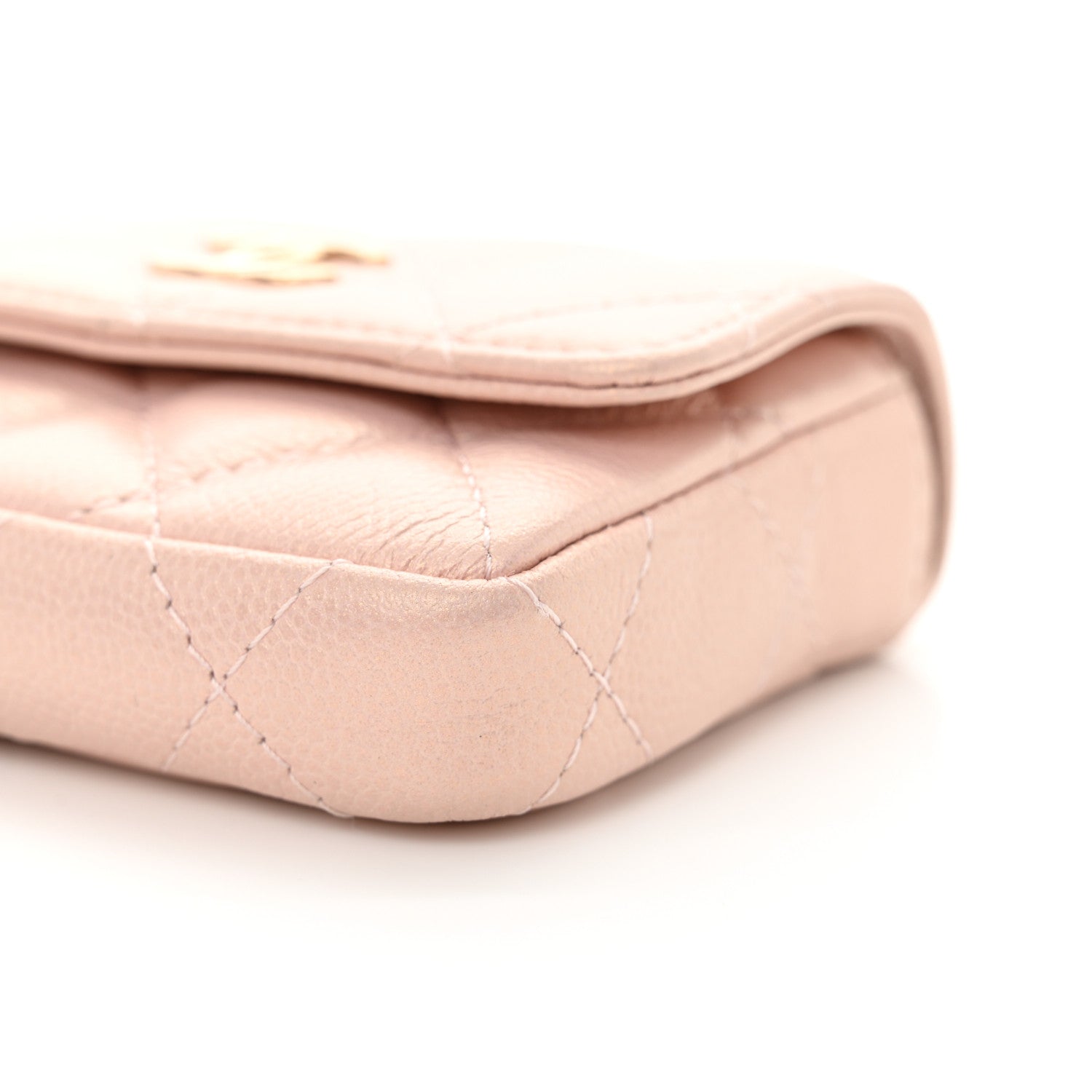 Iridescent Caviar Quilted Pearl On Top Coin Purse With Chain Light Pink