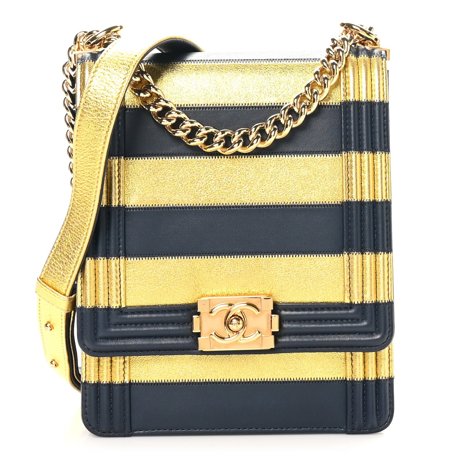 Metallic Lambskin Striped North South Boy Flap Navy Gold