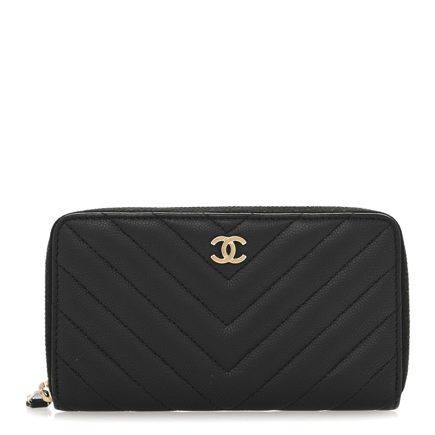 Caviar Chevron Quilted Medium Zip Around Wallet Black