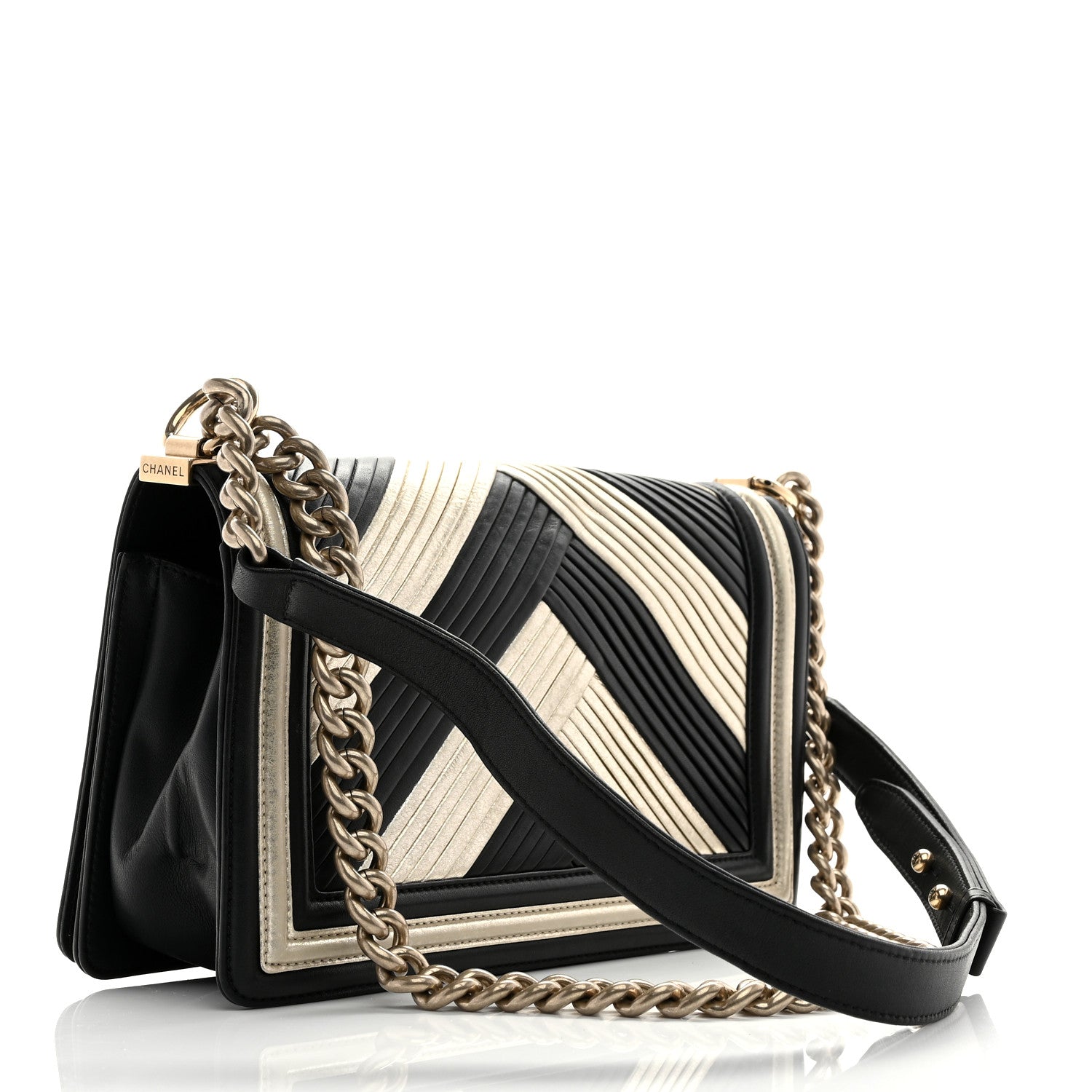 Metallic Calfskin Pleated Medium Boy In Rome Flap Black Gold