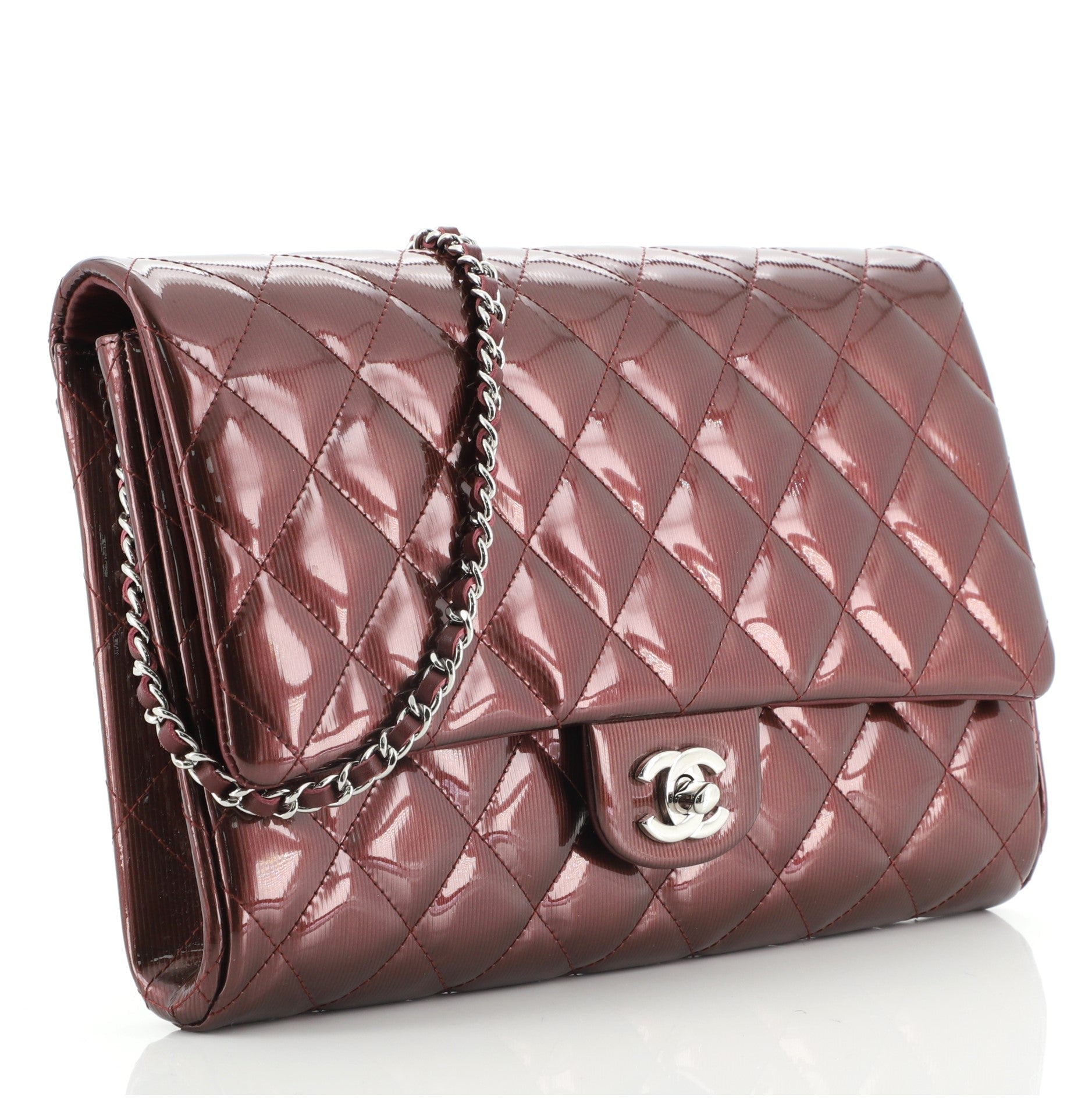Clutch with Chain Quilted Striated Metallic Patent