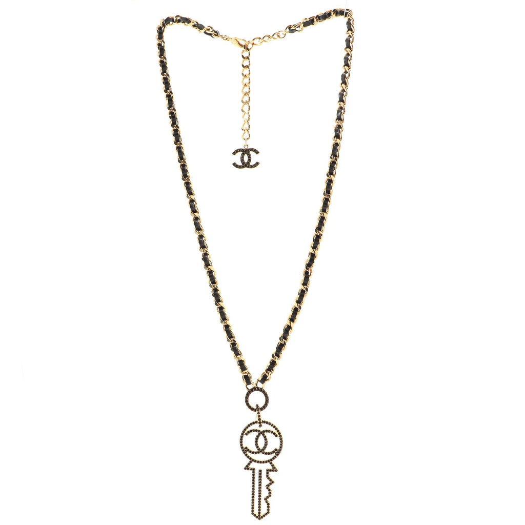 Key Pendant Necklace Crystal Embellished Metal with Leather