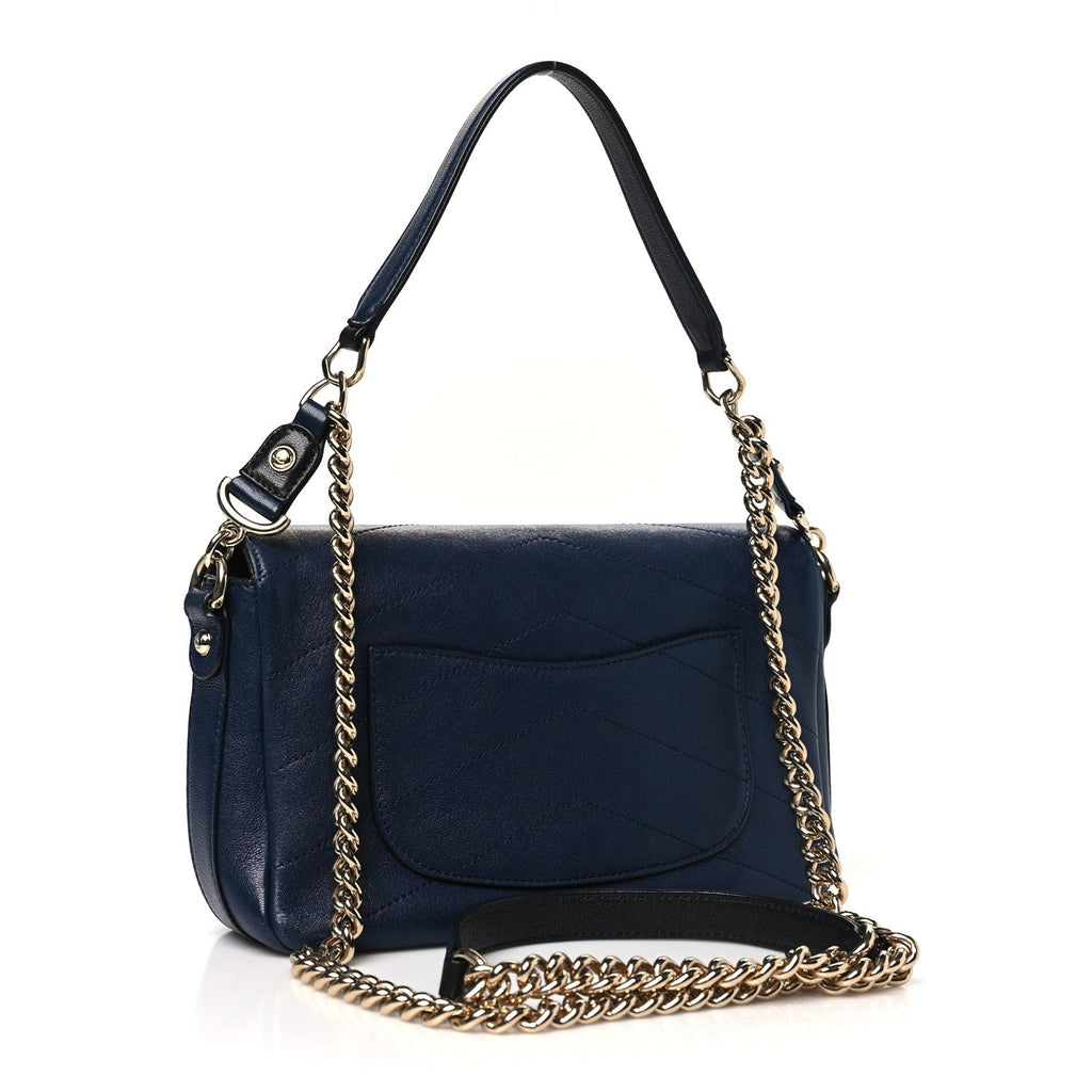 Sheepskin Chevron Quilted Mini Double Chevron Flap Navy Black