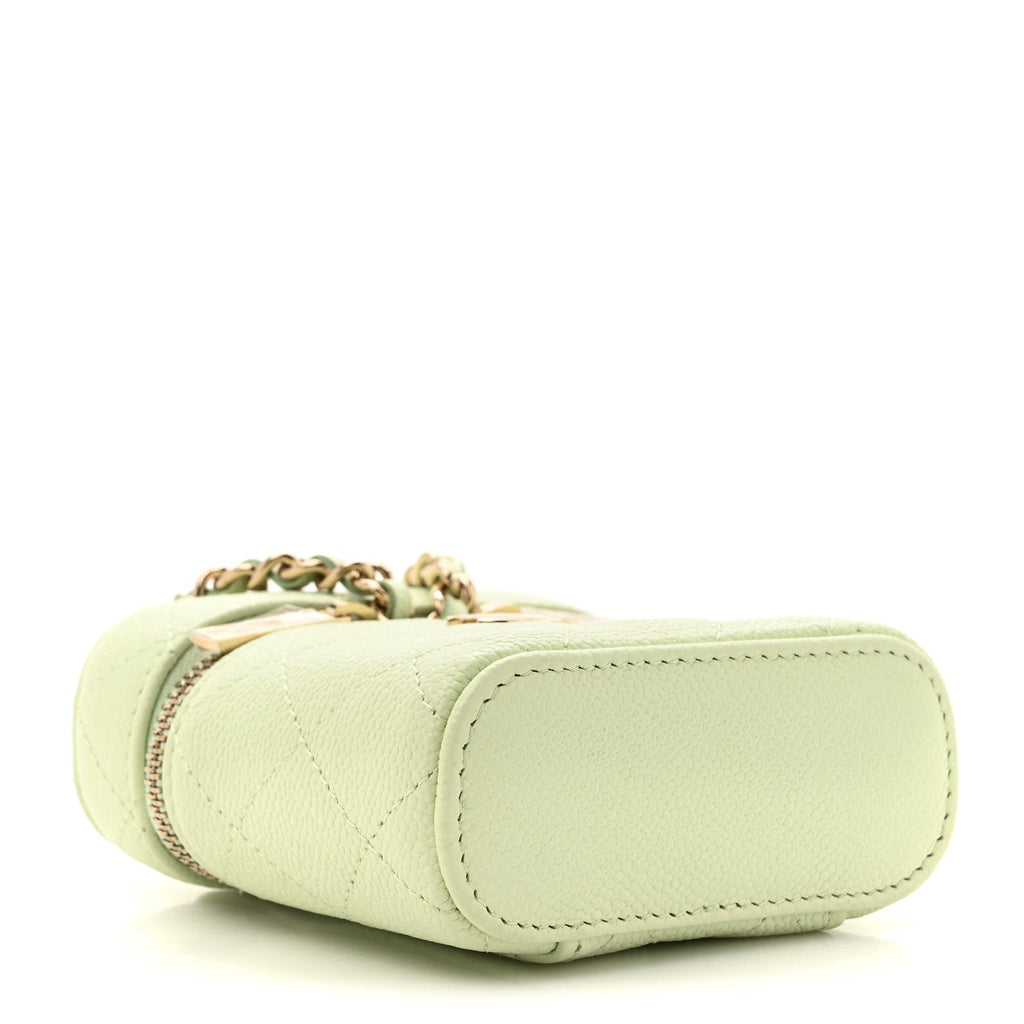 Caviar Quilted Small Handle With Care Vanity Case With Chain Light Green