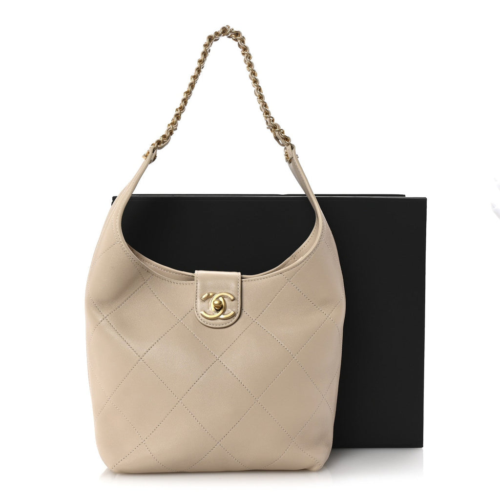 Shiny Lambskin Quilted Small Hobo Beige
