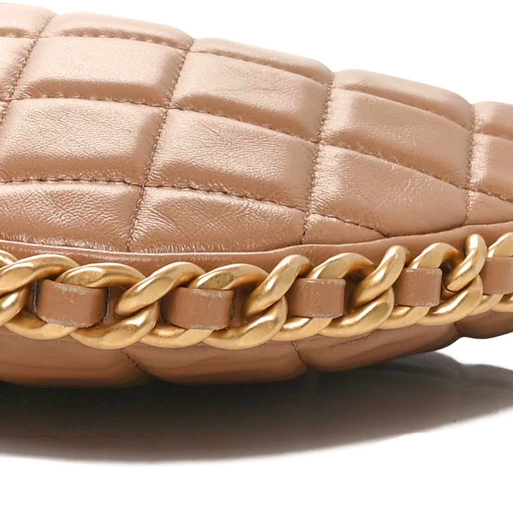 Shiny Crumpled Lambskin Quilted Large Trendy Chain Around Hobo Dark Beige
