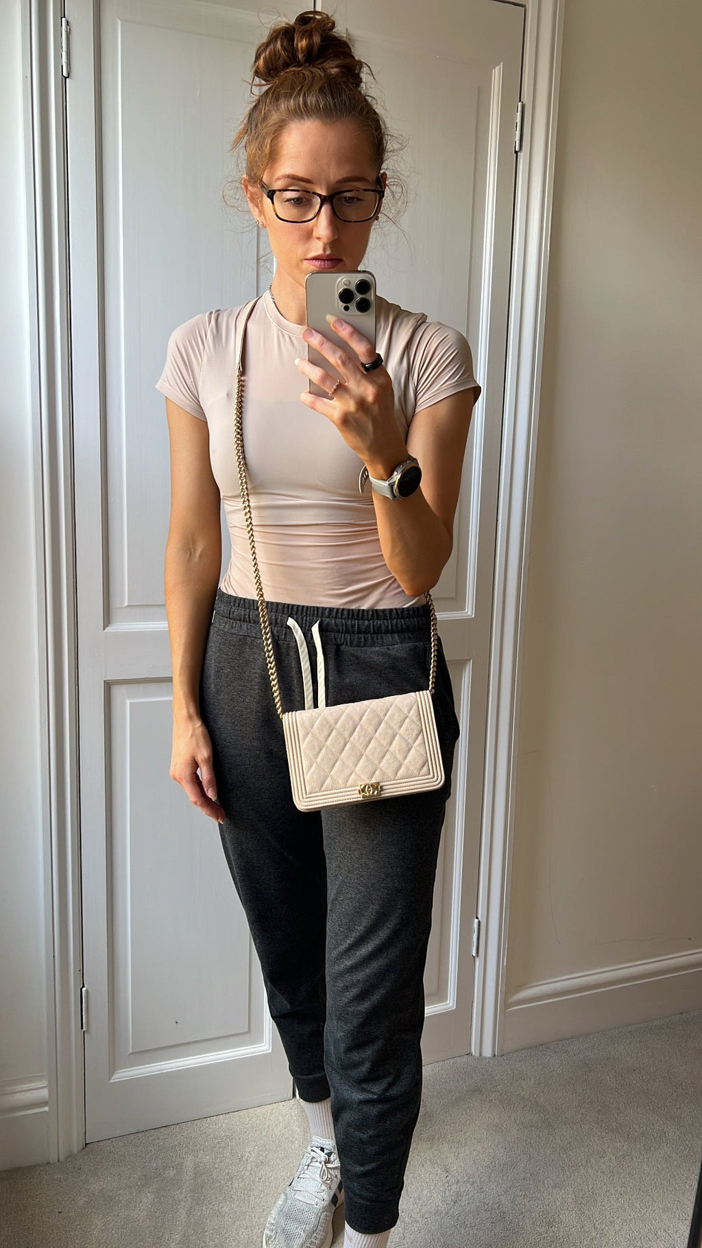 Chanel Ivory Cream Quilted Caviar Boy Wallet on Chain