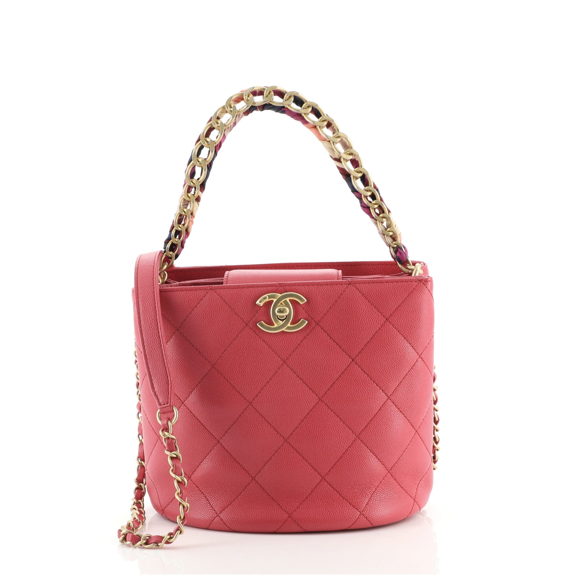 CC Chain Scarf Handle Bucket Bag Quilted Caviar with Silk Mini