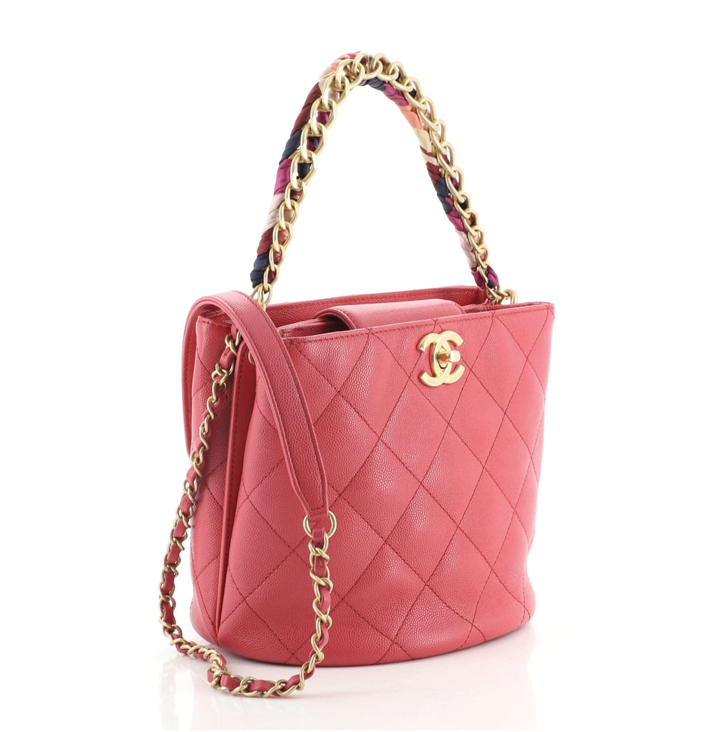 CC Chain Scarf Handle Bucket Bag Quilted Caviar with Silk Mini