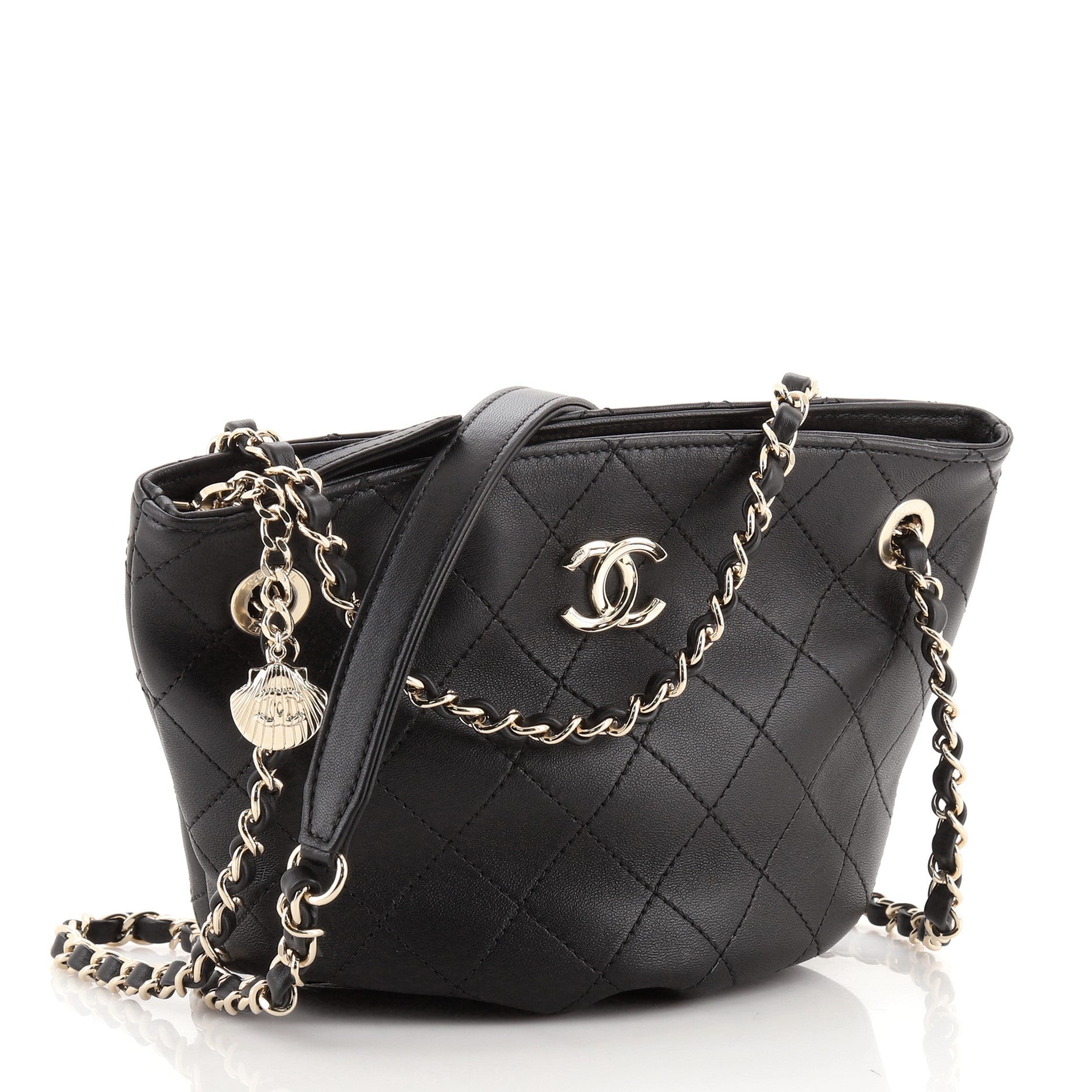CC Shell Charm Bucket Tote Stitched Leather Mini