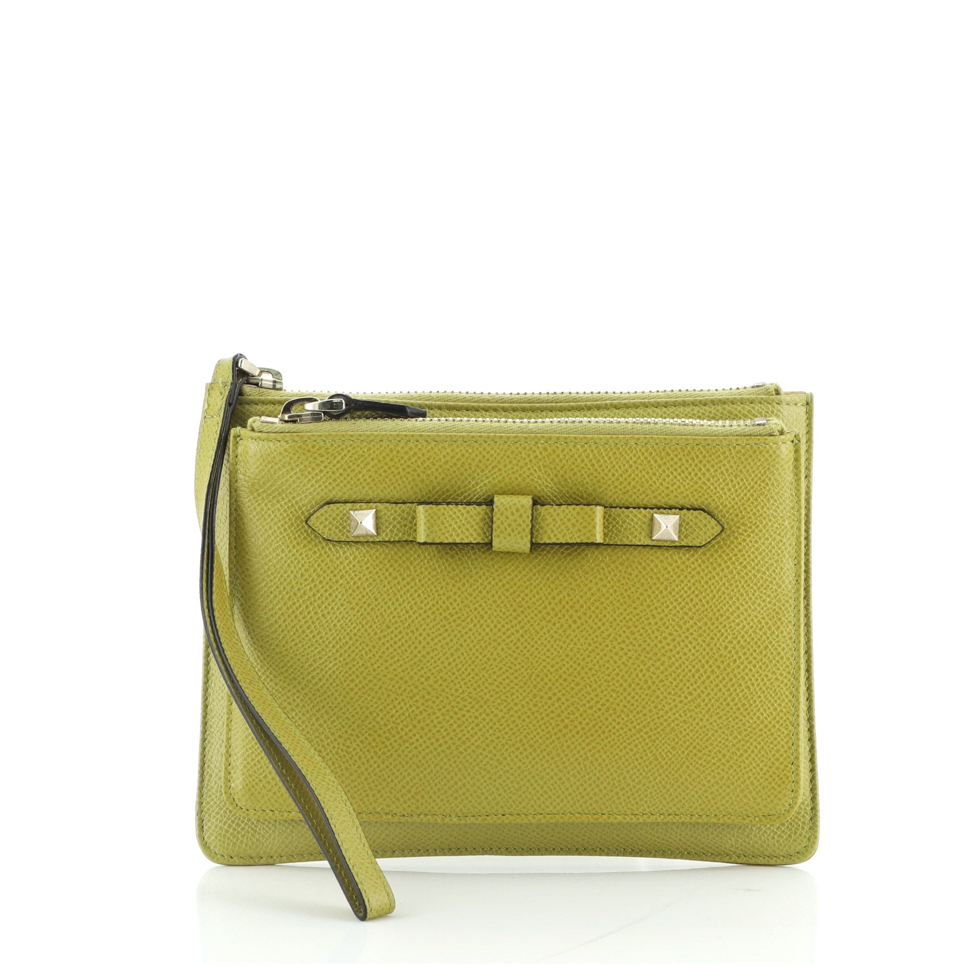 Rockstud Bow Double Zip Wristlet Clutch Leather Small