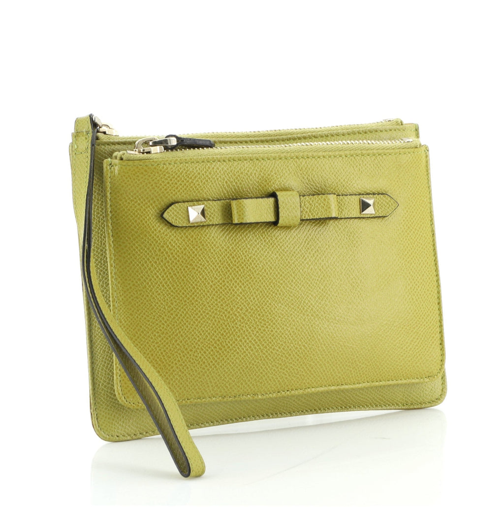 Rockstud Bow Double Zip Wristlet Clutch Leather Small