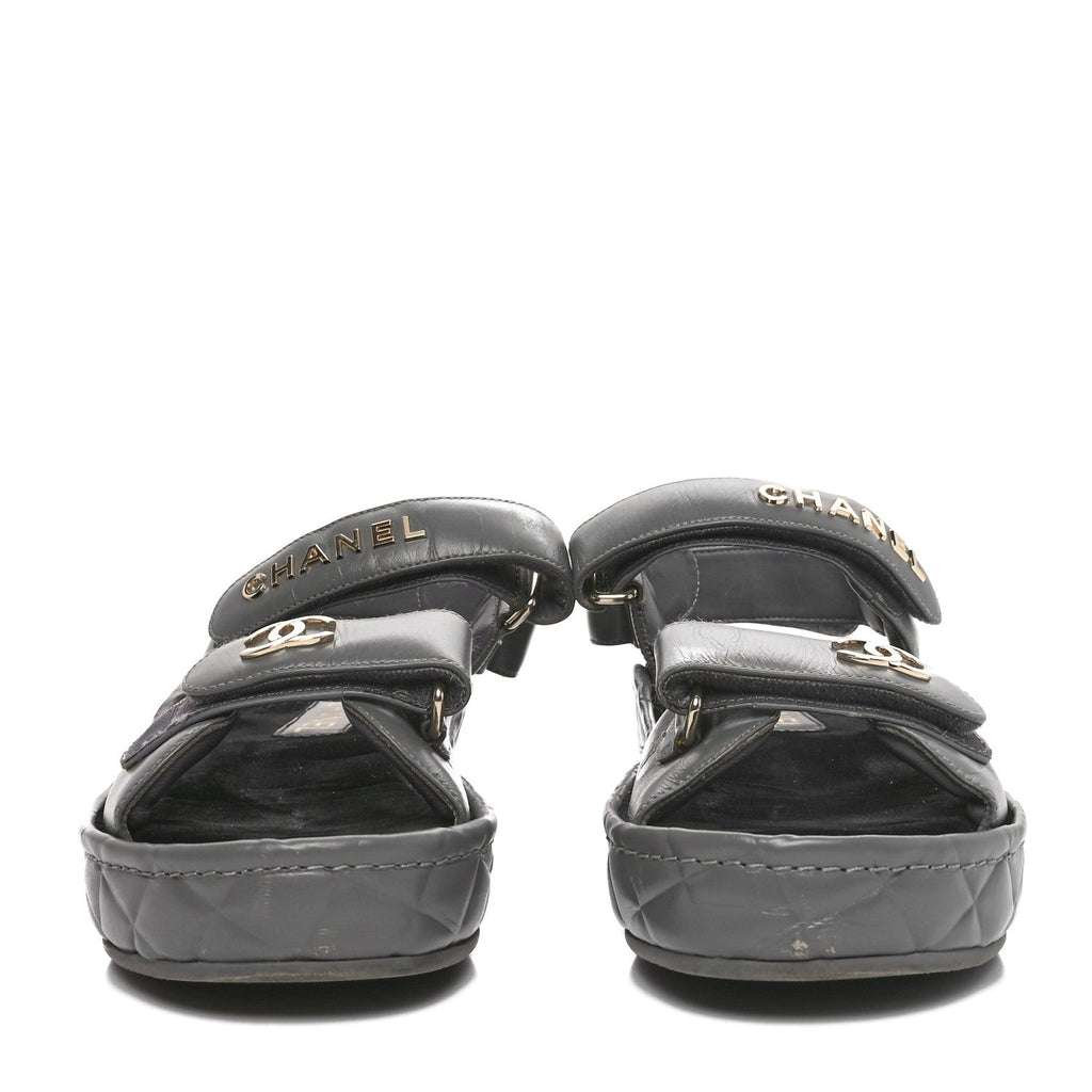 Shiny Calfskin Logo Platform Sandals 38 Grey