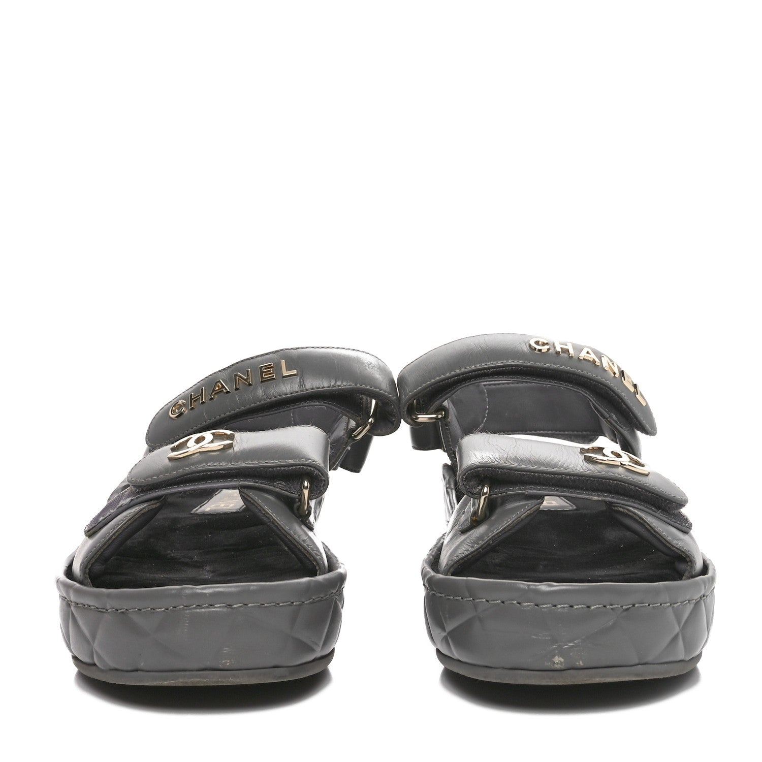 Shiny Calfskin Logo Platform Sandals 38 Grey