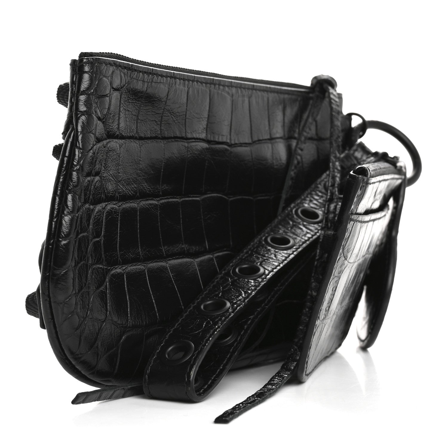 Extra Supple Calfskin Crocodile Embossed Monochrome Mini Le Cagole Multi Pouch Black