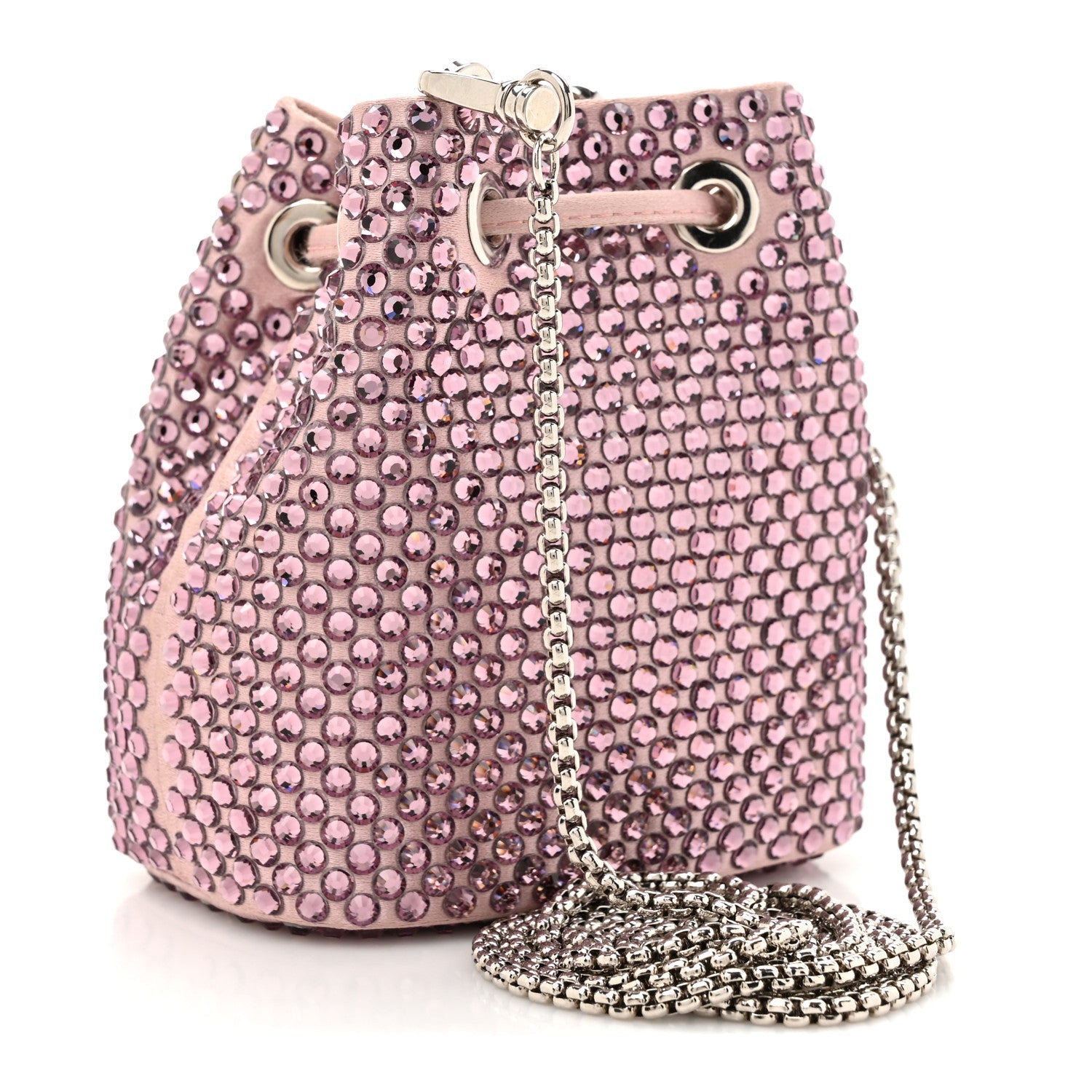 Satin Crystal Metal Triangle Logo Mini Drawcord Pouch Shoulder Bag Alabastro