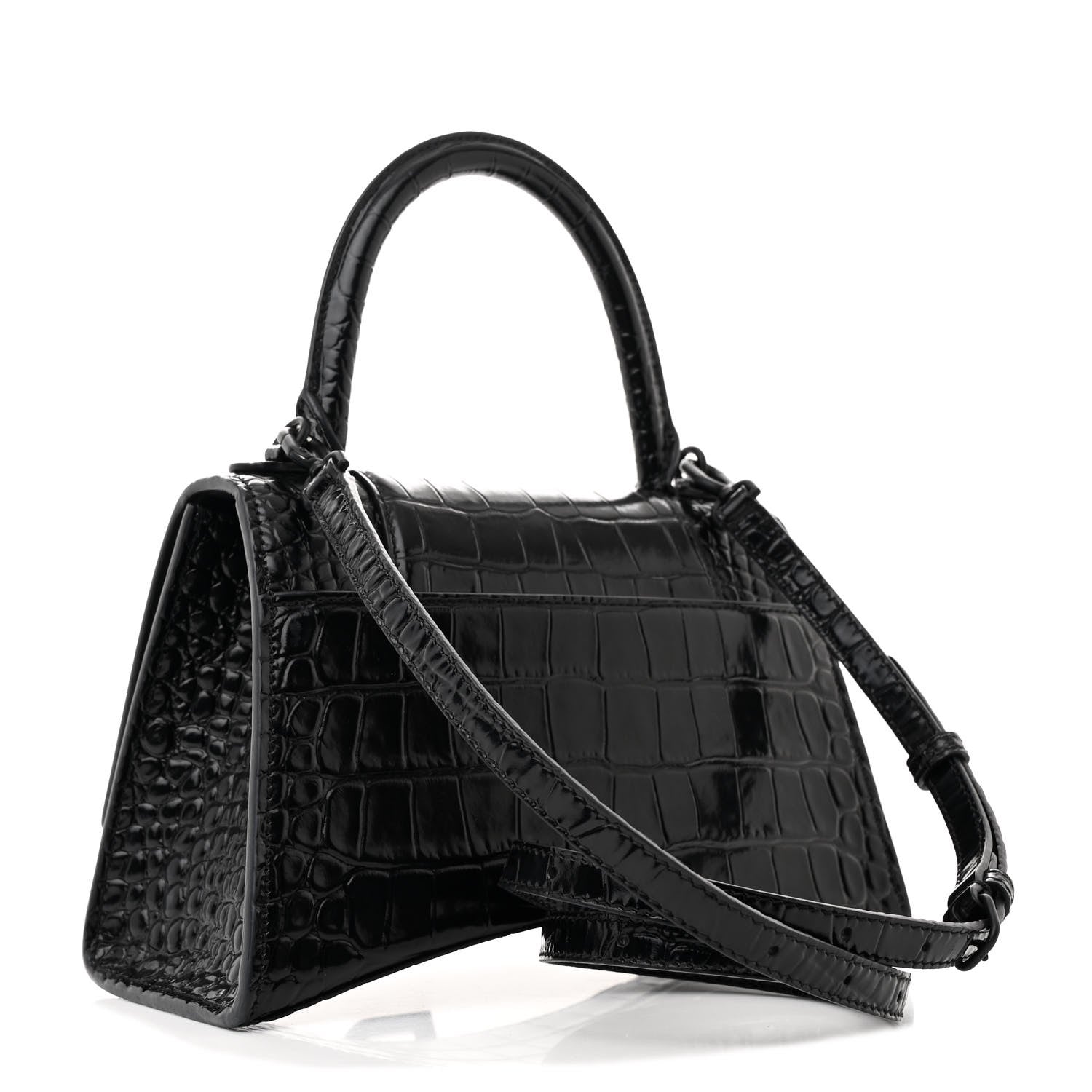Shiny Calfskin Monochrome Crocodile Embossed Small Hourglass Top Handle Bag Black