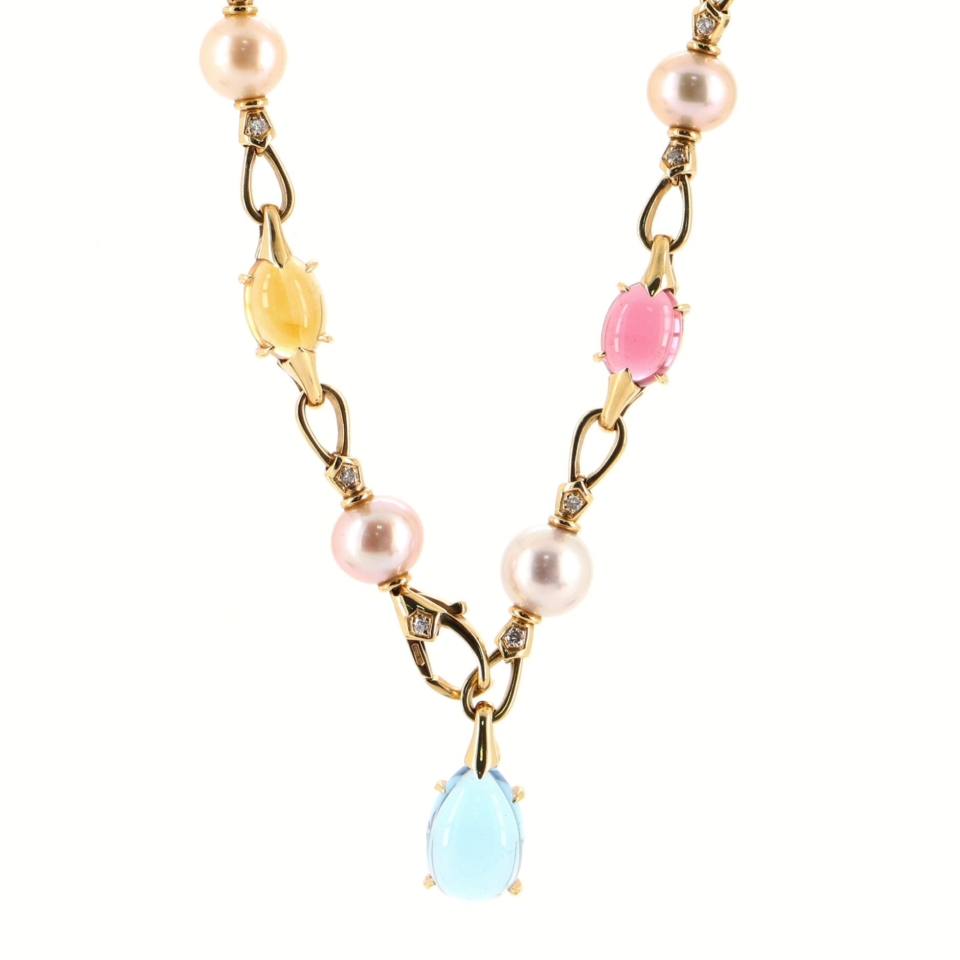 Allegra Station Chain Link Necklace 18K Yellow Gold with Gemstones, Pearls and Diamonds