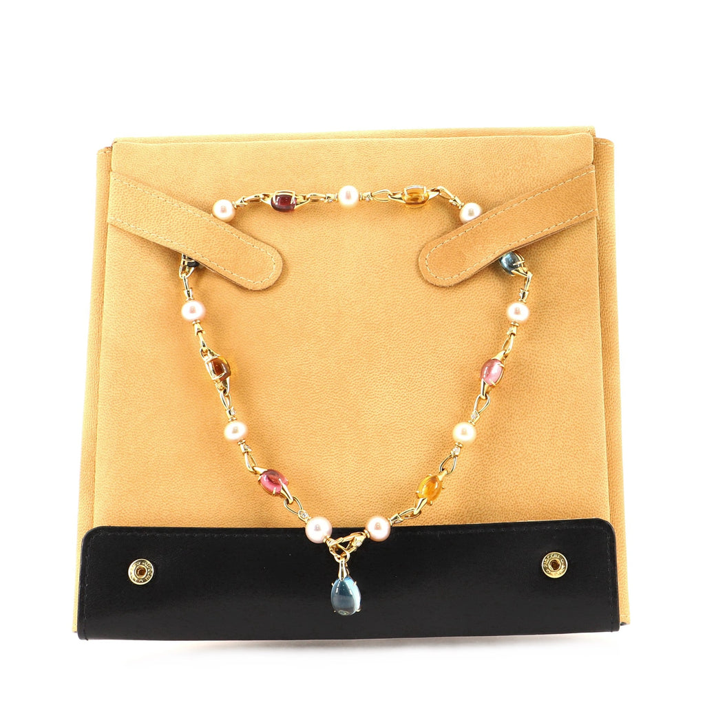 Allegra Station Chain Link Necklace 18K Yellow Gold with Gemstones, Pearls and Diamonds