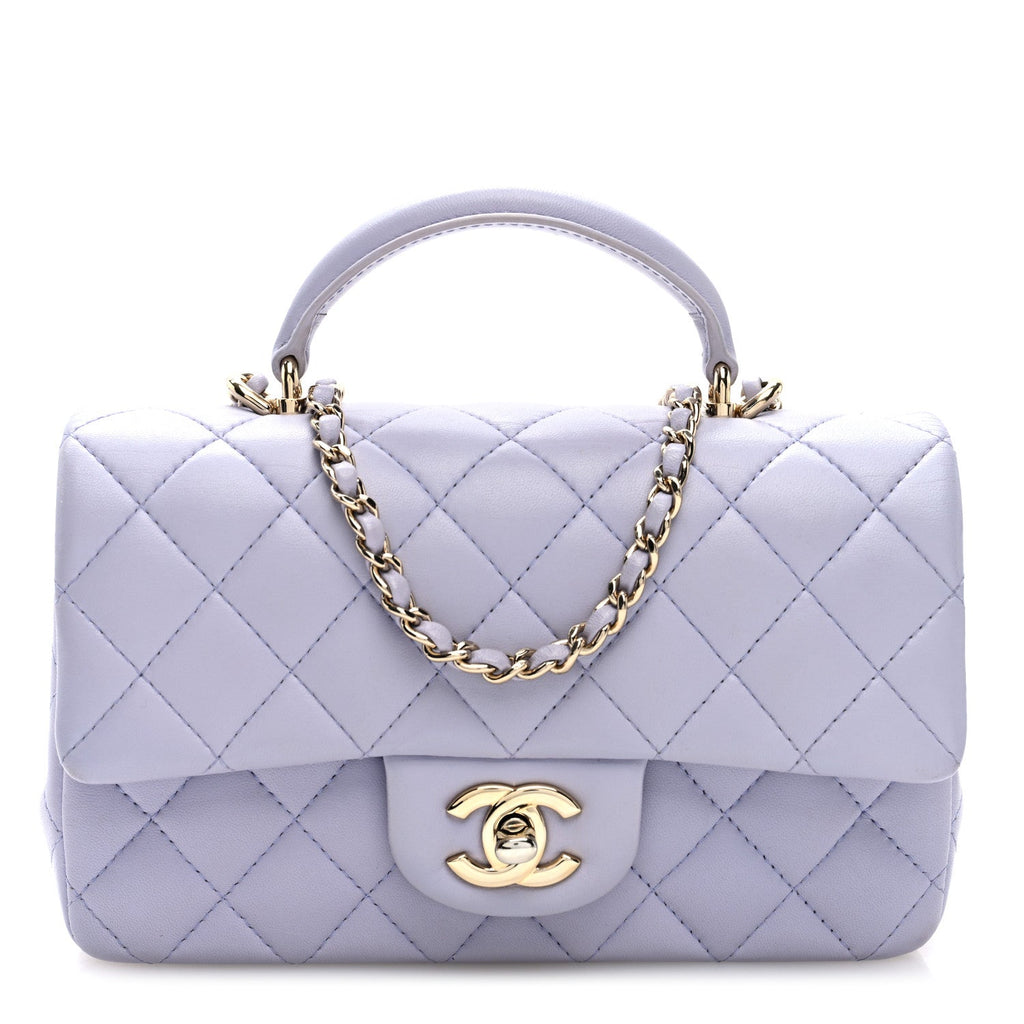 Lambskin Quilted Mini Top Handle Rectangular Flap Light Purple