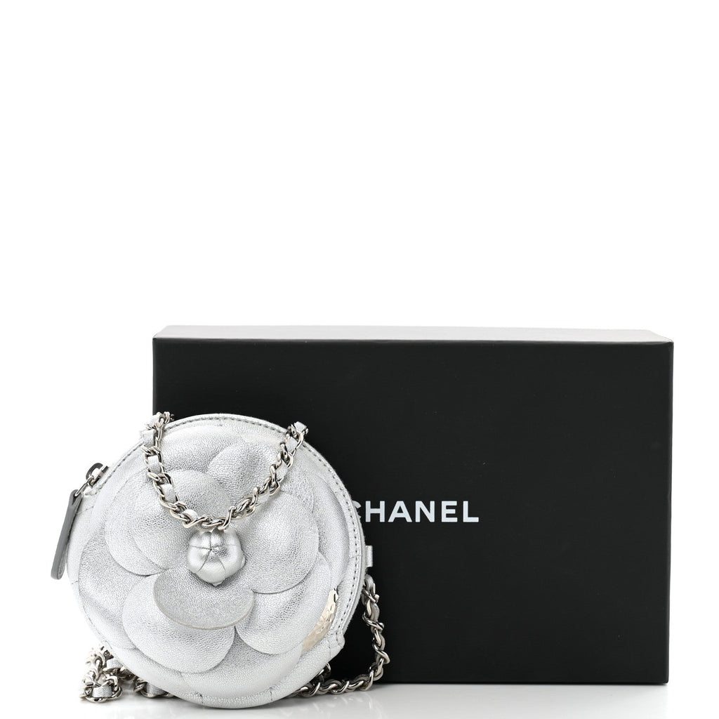 Metallic Lambskin Mini Camellia Bouquet Clutch With Chain Silver